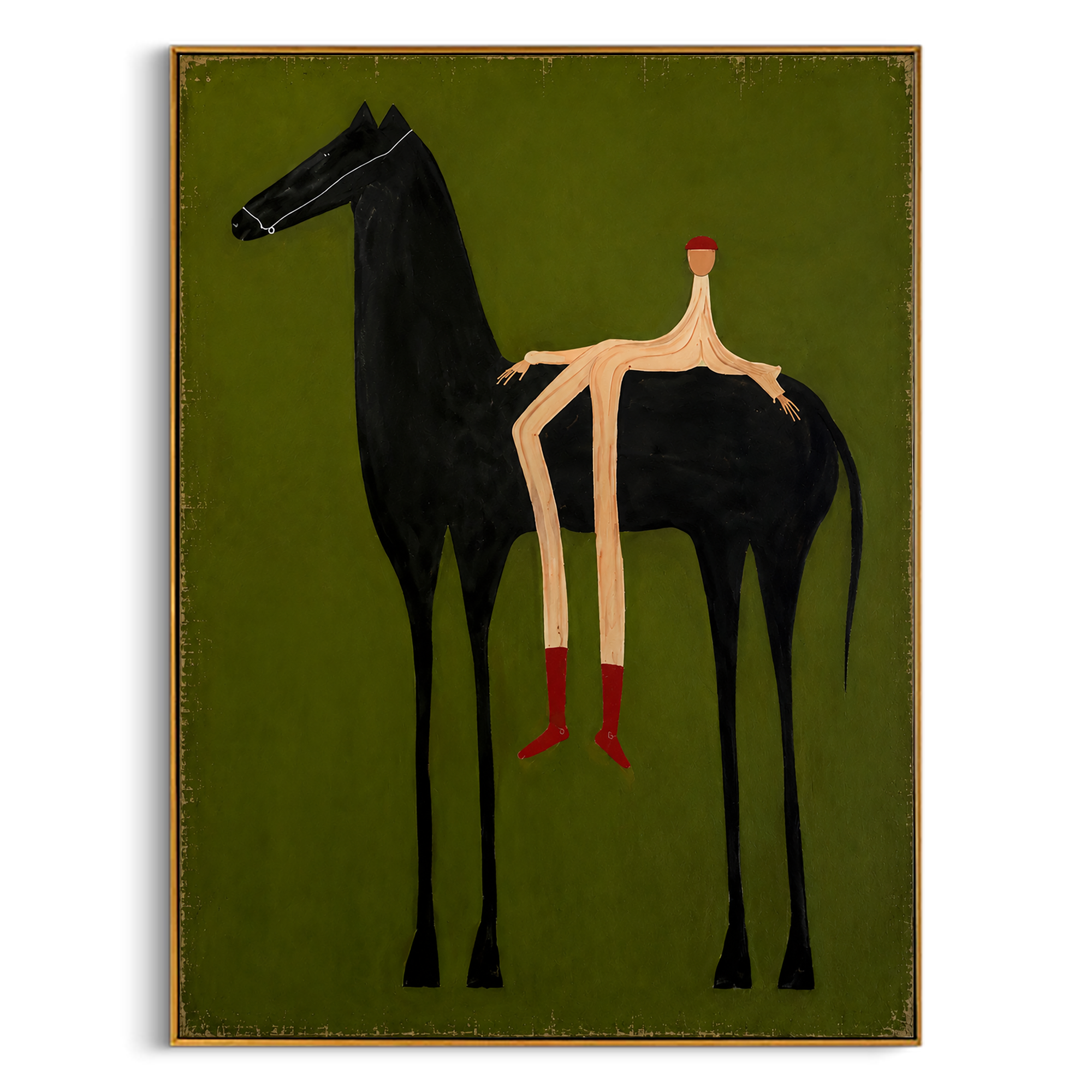 "The Rider" - Contemporary Naive Horse & Figure | Olive Green & Black Statement Art