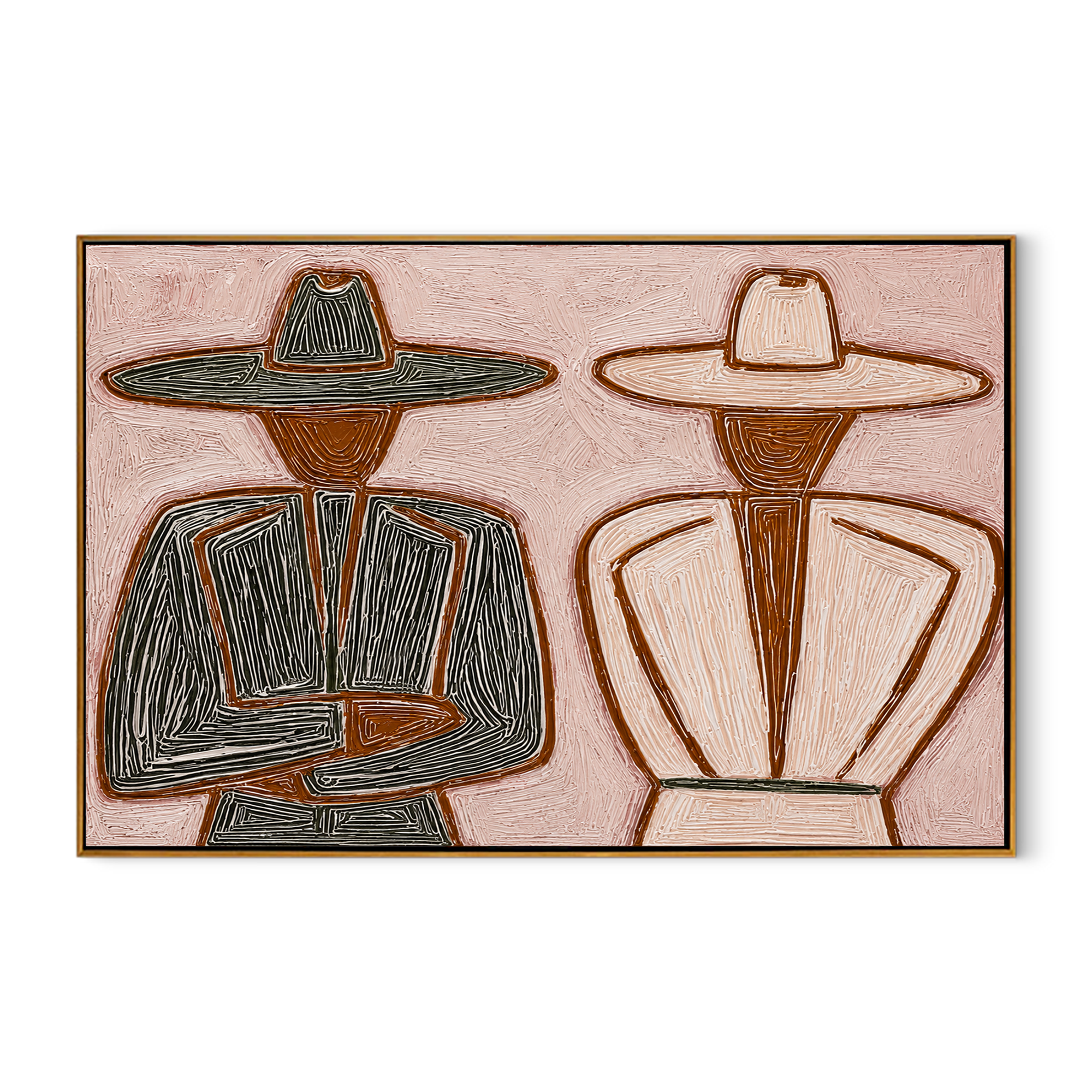 "Two Hats" - Textured Minimalist Figurative Painting | Black Brown & Blush Horizontal Wall Art