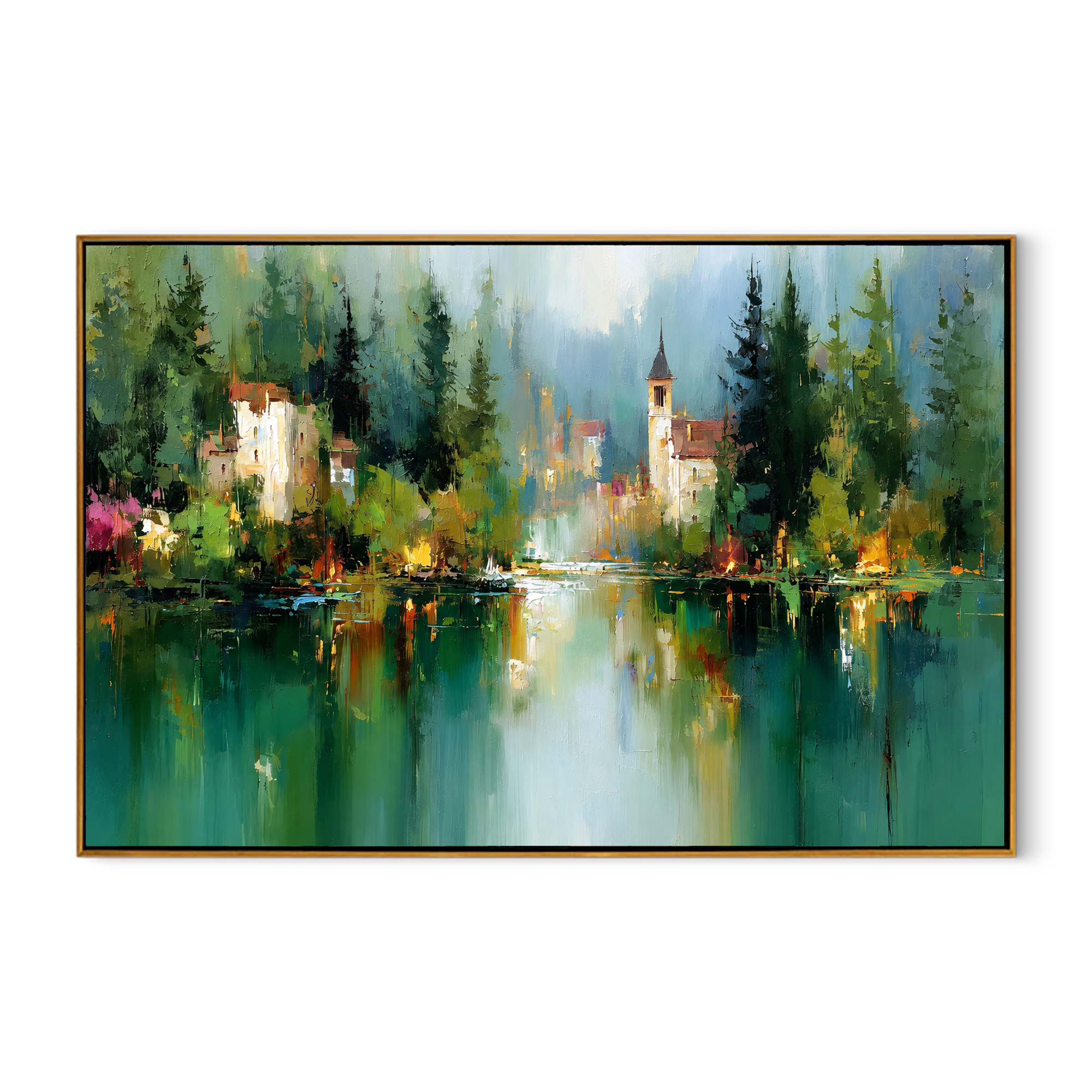 "Forest Reflection" - Green Lake Village Impasto Landscape | Blue & Emerald Horizontal Wall Art