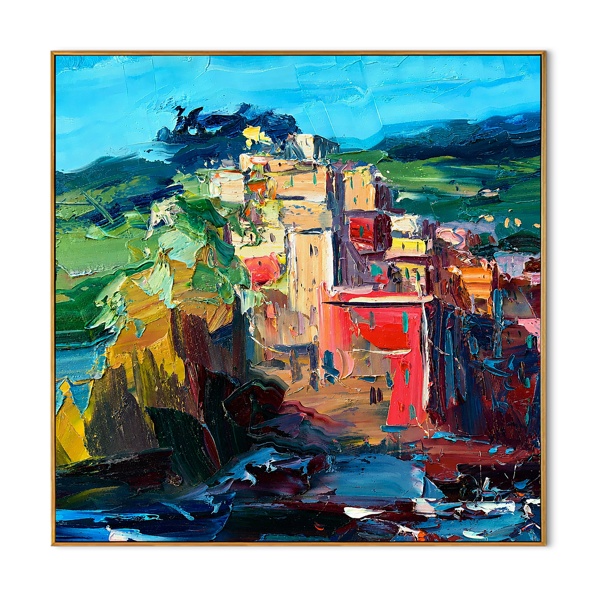 "Coastal Blocks" - Colorful Impasto Village Landscape | Blue Green & Coral Square Wall Art