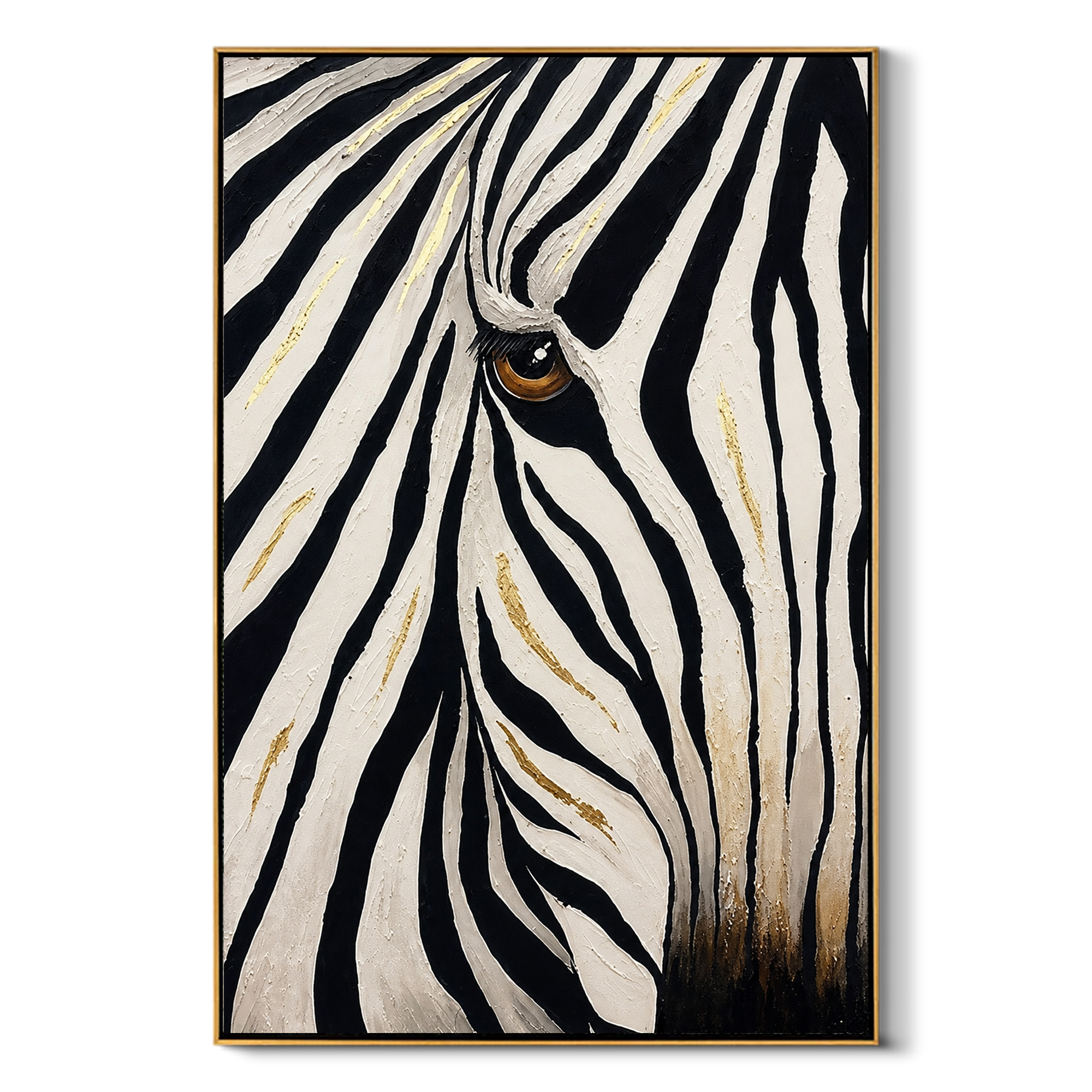 "Golden Gaze" - Textured Zebra Portrait Painting | Black White & Gold Vertical Animal Wall Art