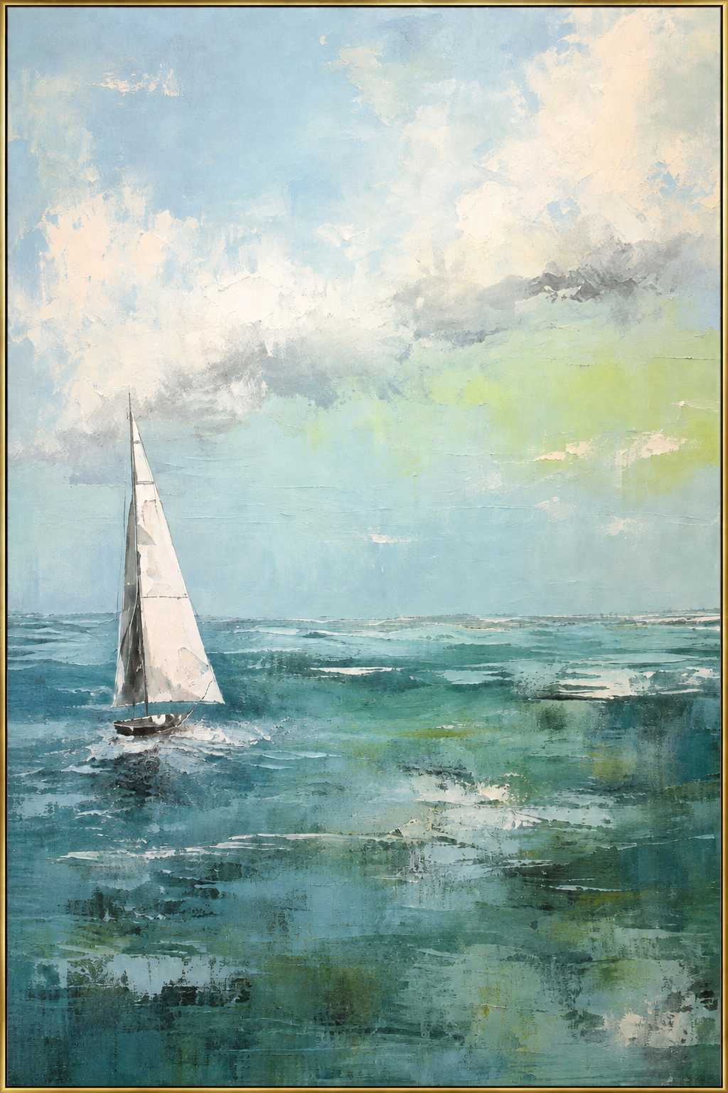 "Sea Glass Sail" - Blue Green Sailboat Seascape Painting | Blue Green White Vertical Coastal Wall Art
