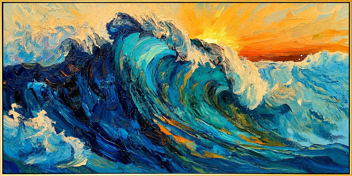 "Breakwater" - Blue Ocean Wave Impasto Painting | Blue Green White Horizontal Ocean Wall Art