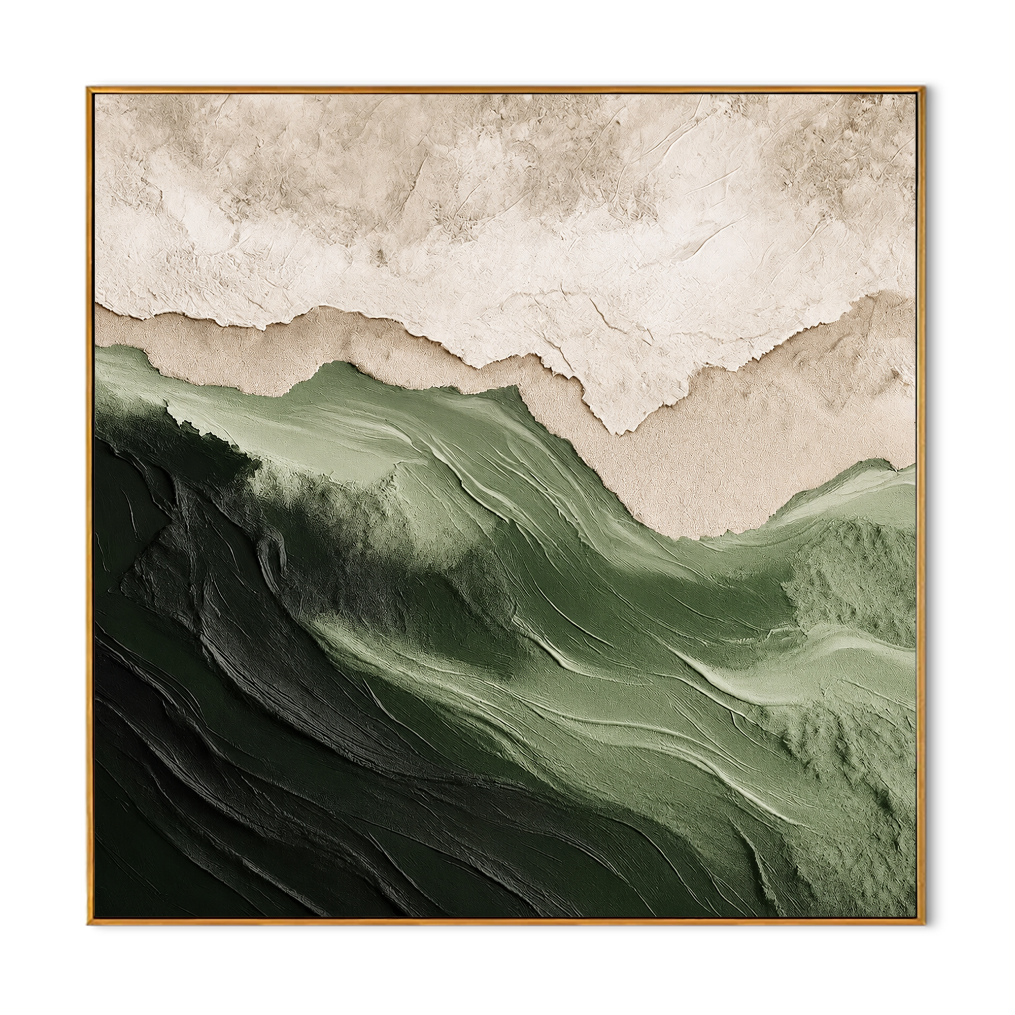 "Forest Ridge" - 3D Wabi-Sabi Mountain Relief | Green Beige & White Square Textured Art