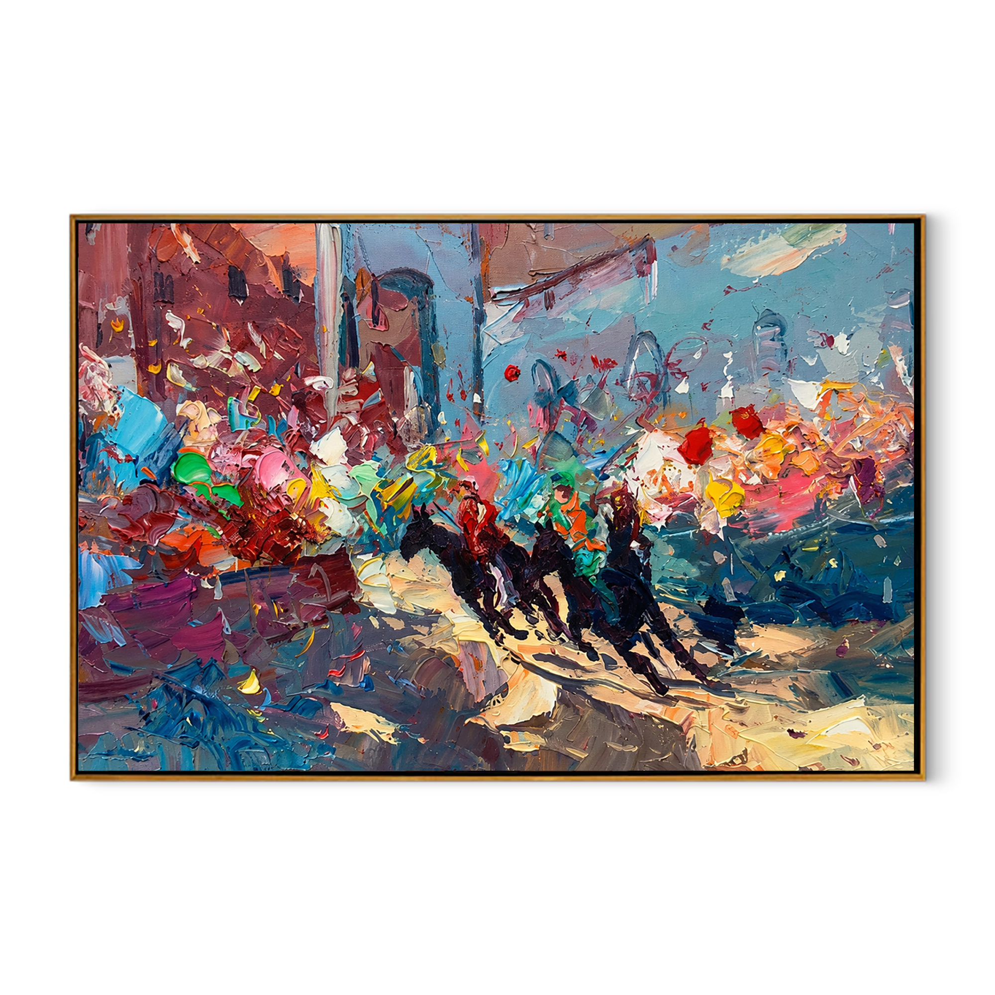 "Harbor Fragments" - Colorful Impasto Abstract Painting | Blue Red & Gold Horizontal Statement Art