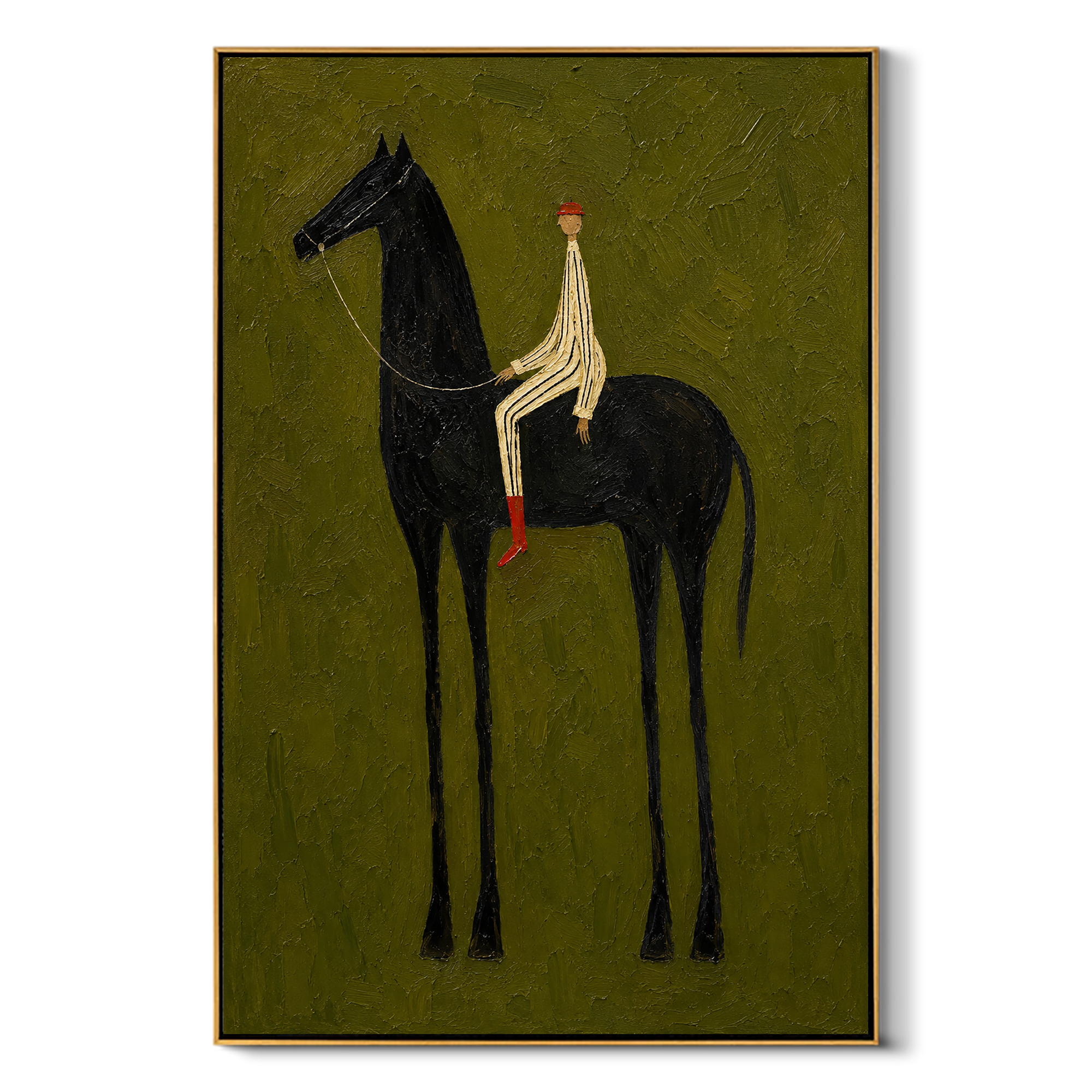 "Black Horse Reverie" - Minimalist Rider & Horse Painting | Olive Green Vertical Animal Wall Art