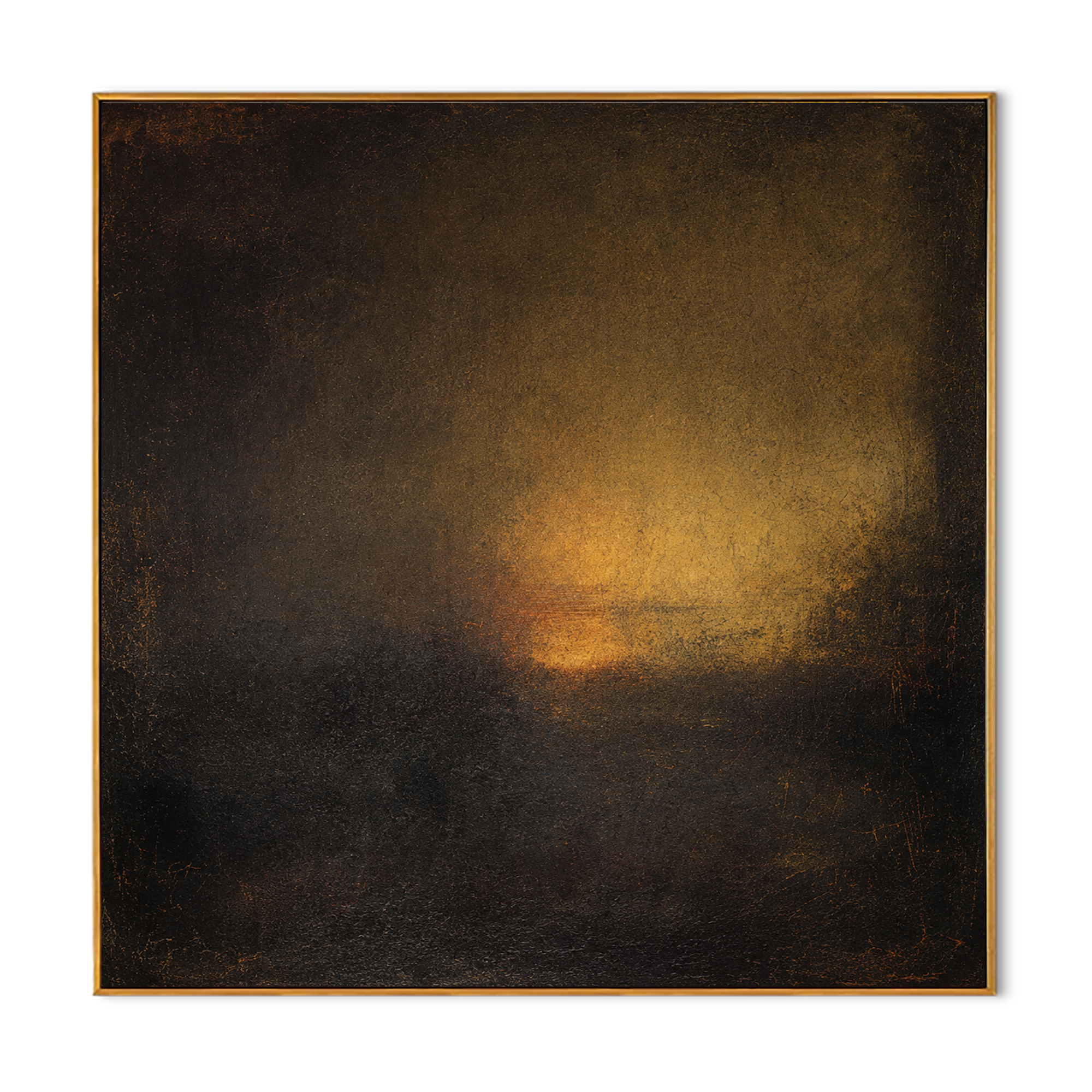 "Amber Nocturne" - Dark Abstract Glow Painting | Black Brown & Gold Square Wall Art