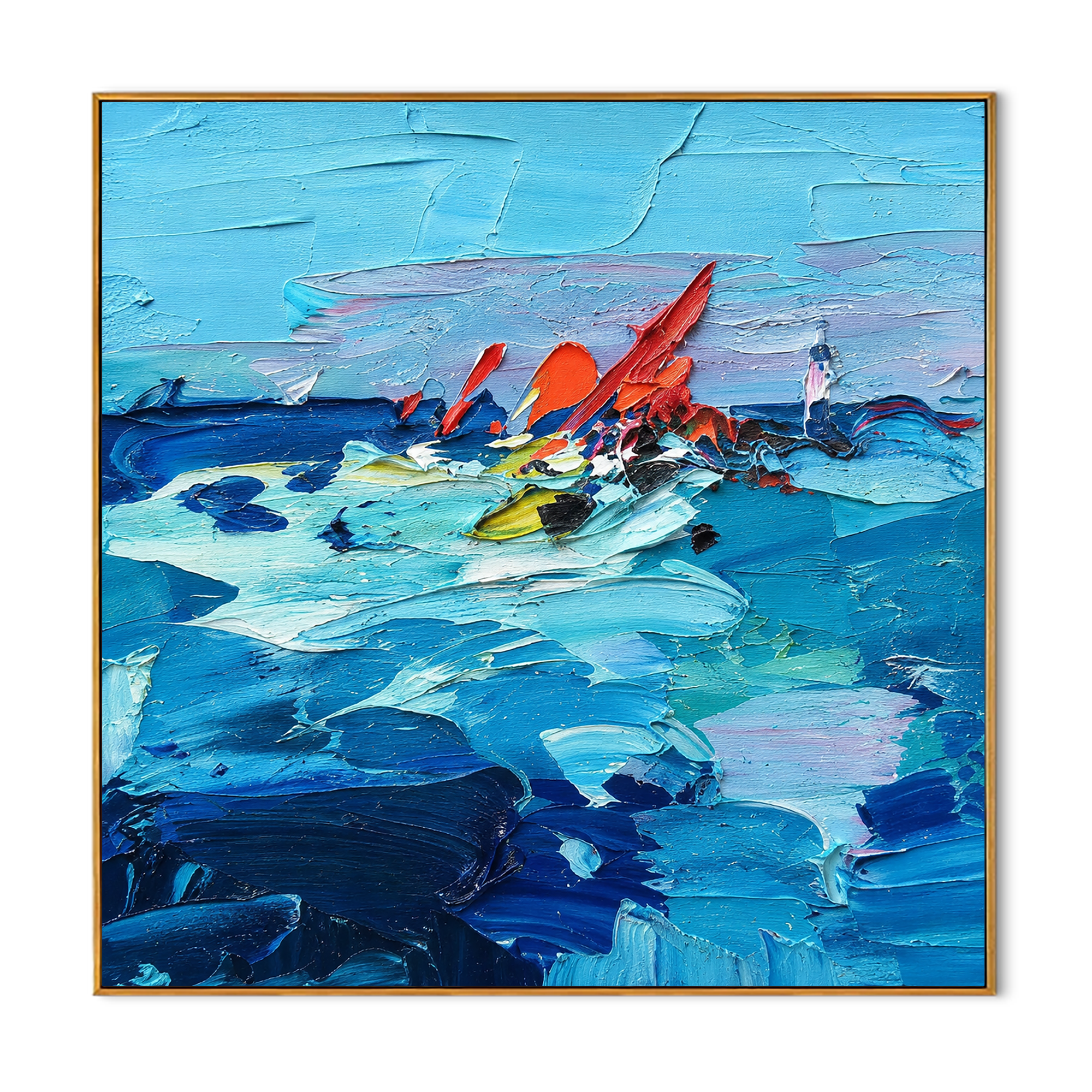"Blue Current" - Colorful Impasto Ocean Painting | Blue Red & Yellow Seascape Wall Art