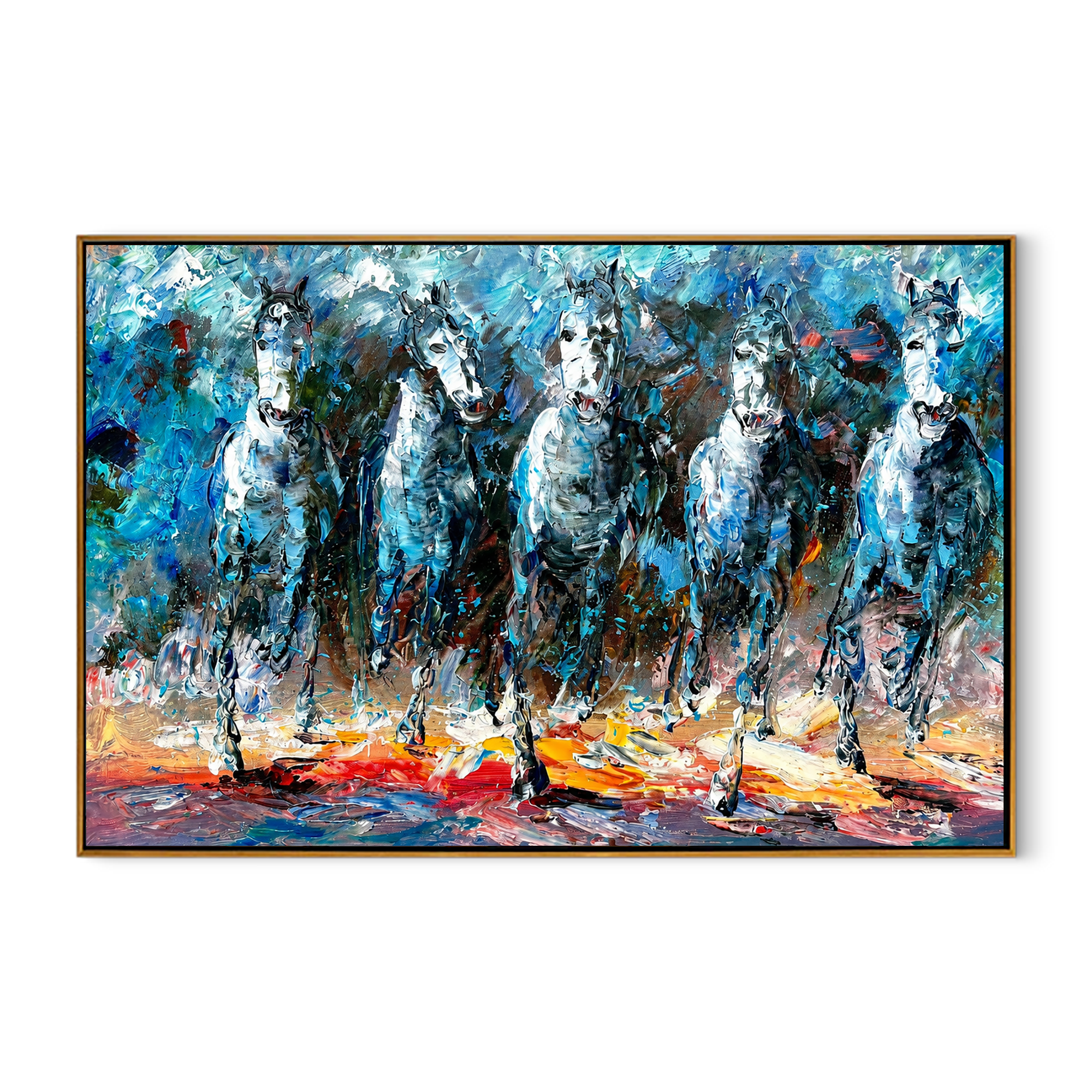 "Blue Procession" - Textured White Horse Herd Painting | Blue Black & Red Horizontal Equestrian Art