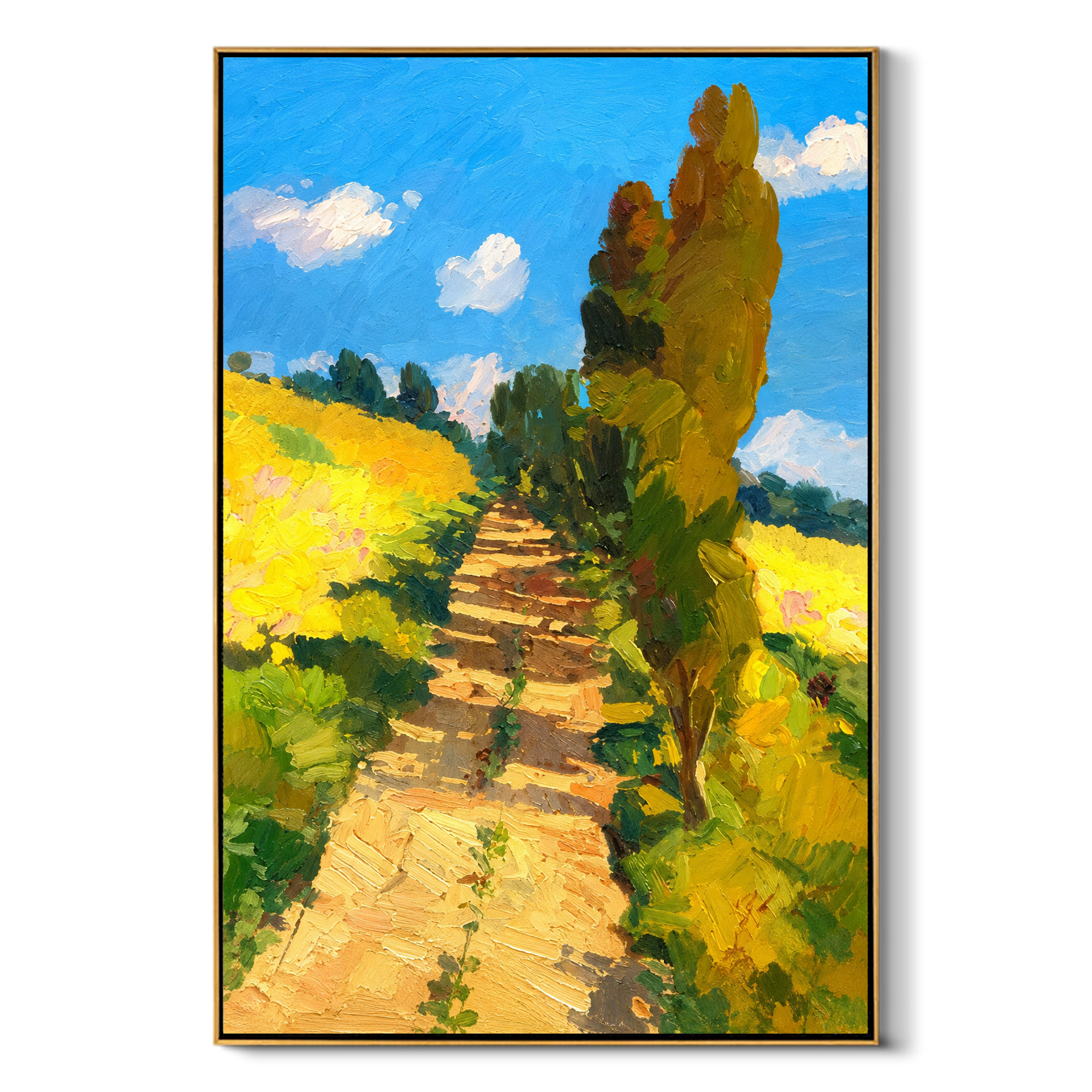 "Sunlit Path" - Yellow Field & Cypress Impasto Landscape | Blue Green Vertical Wall Art