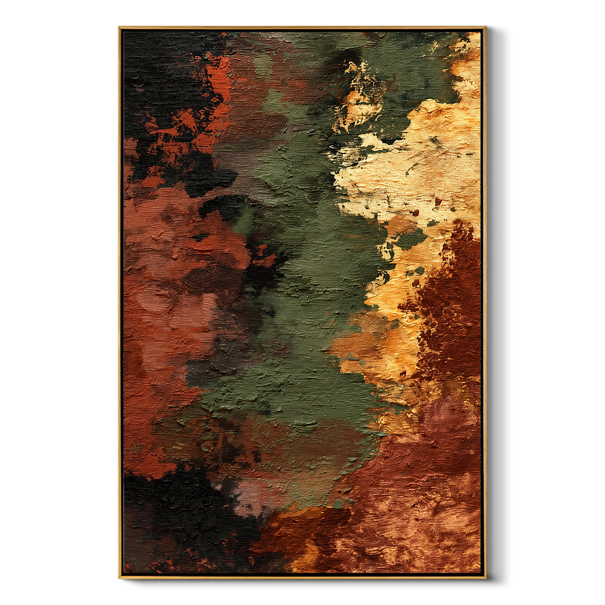 "Ember Fault" - Earth Tone Abstract Texture Painting | Rust Green & Gold Vertical Wall Art