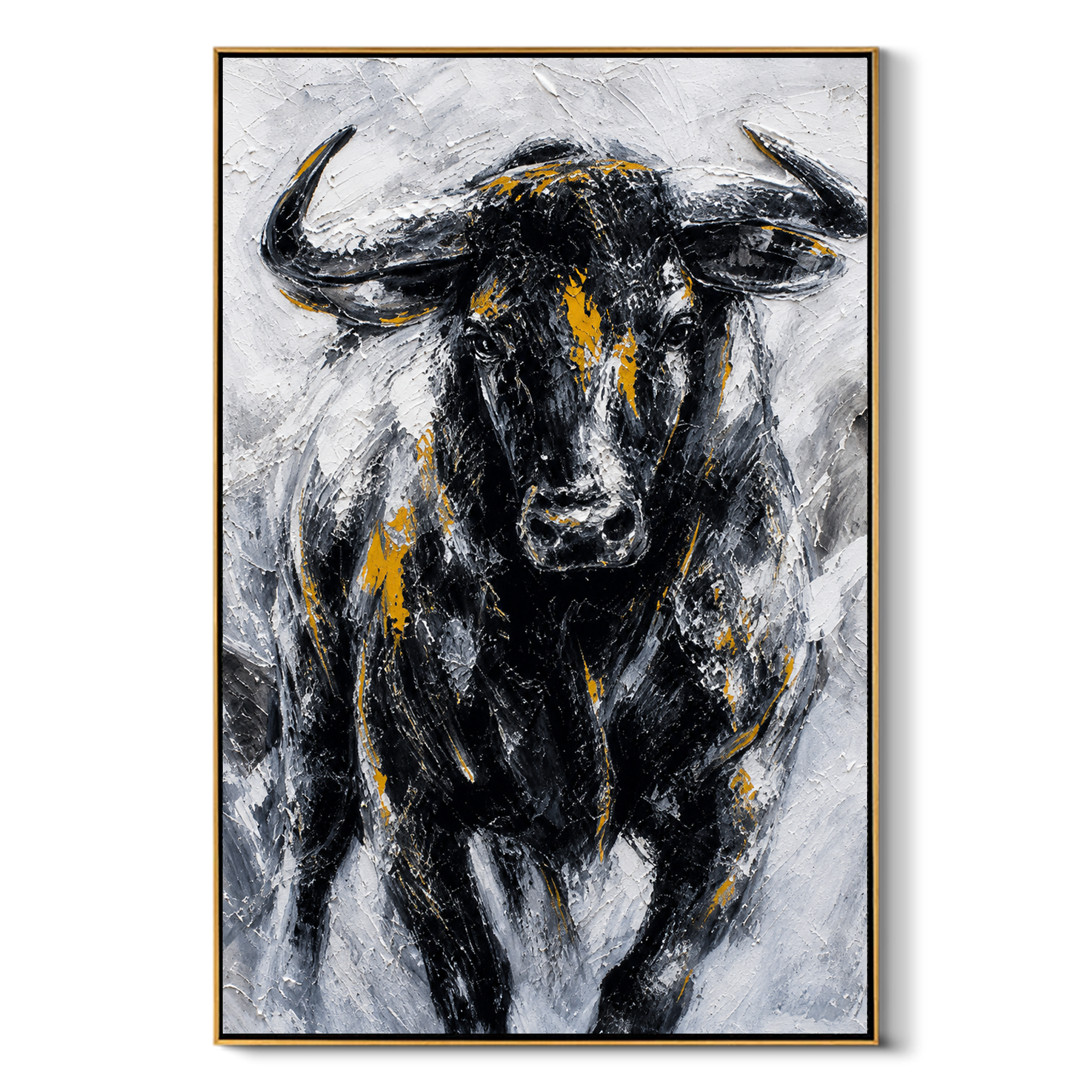 "Iron Buffalo" - Black White & Gold Textured Buffalo Portrait | Vertical Animal Wall Art