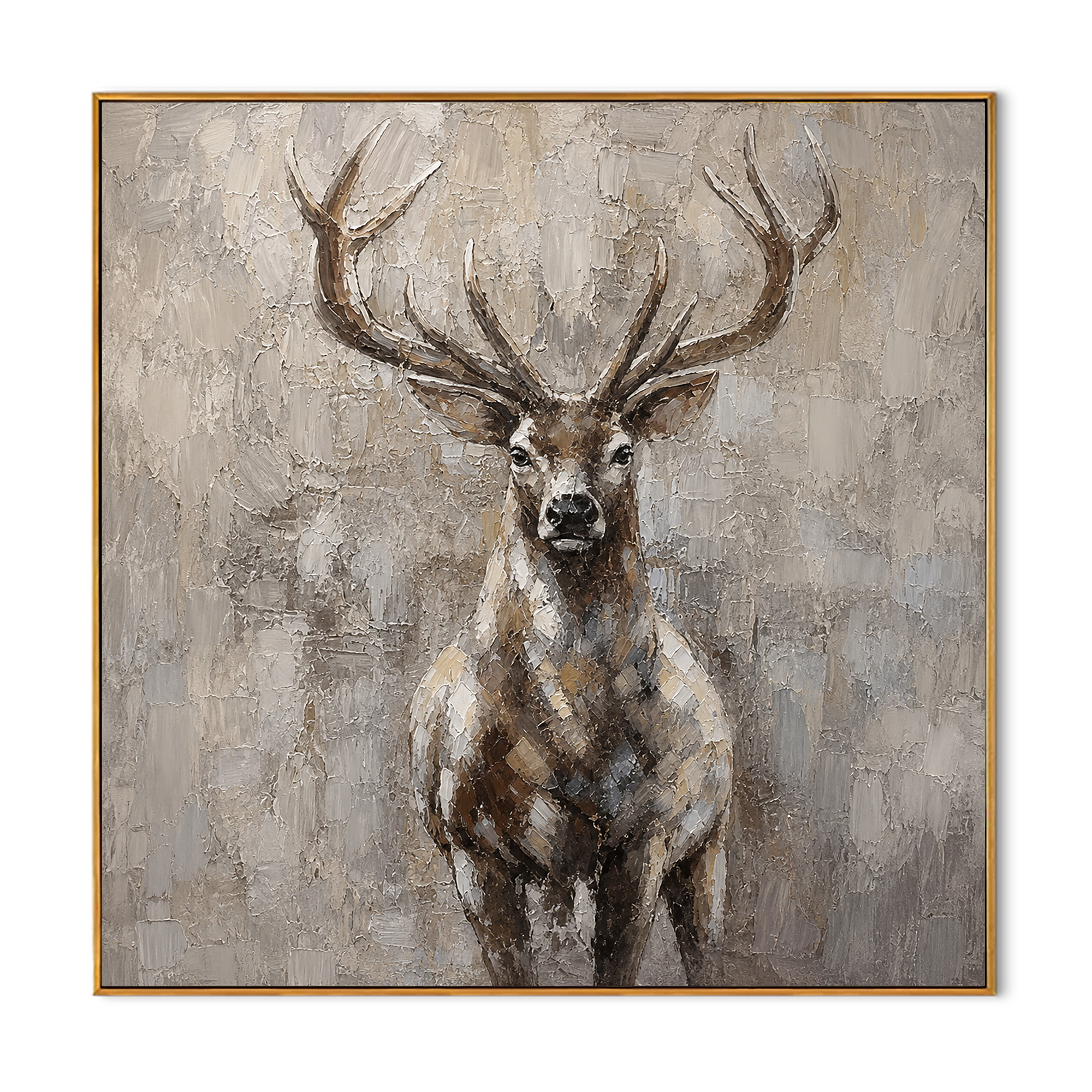 "Quiet Stag" - Textured Deer Portrait Painting | Beige Brown & Grey Vertical Animal Wall Art
