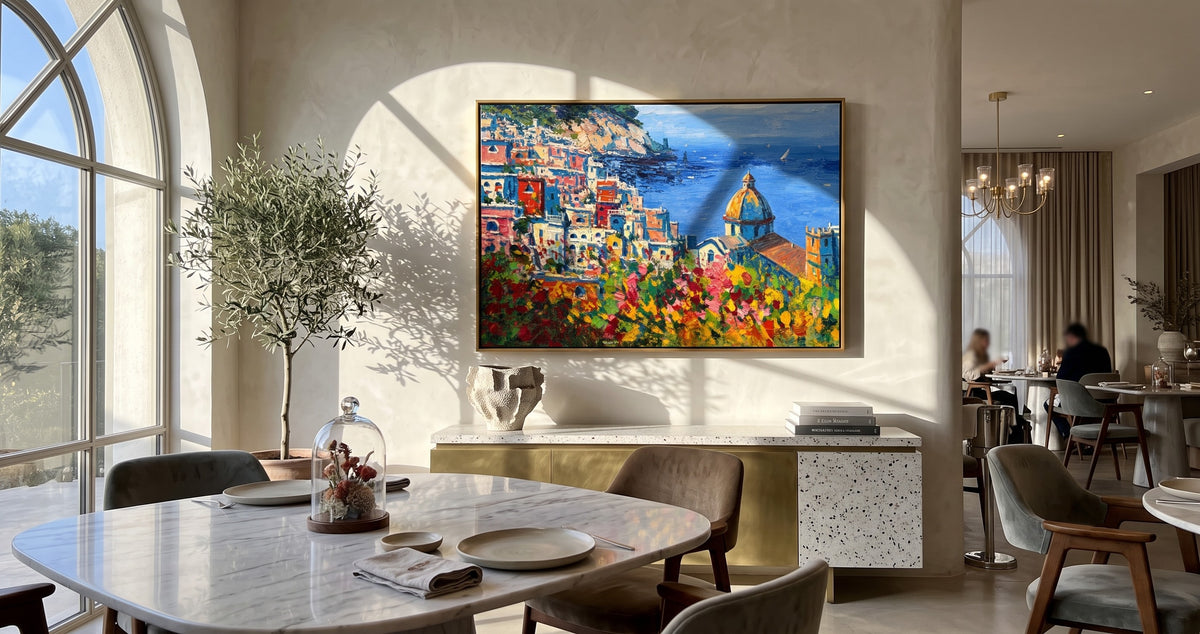 "Amalfi Bloom" - Colorful Mediterranean Coastal Landscape | Blue Sea & Floral Village Wall Art