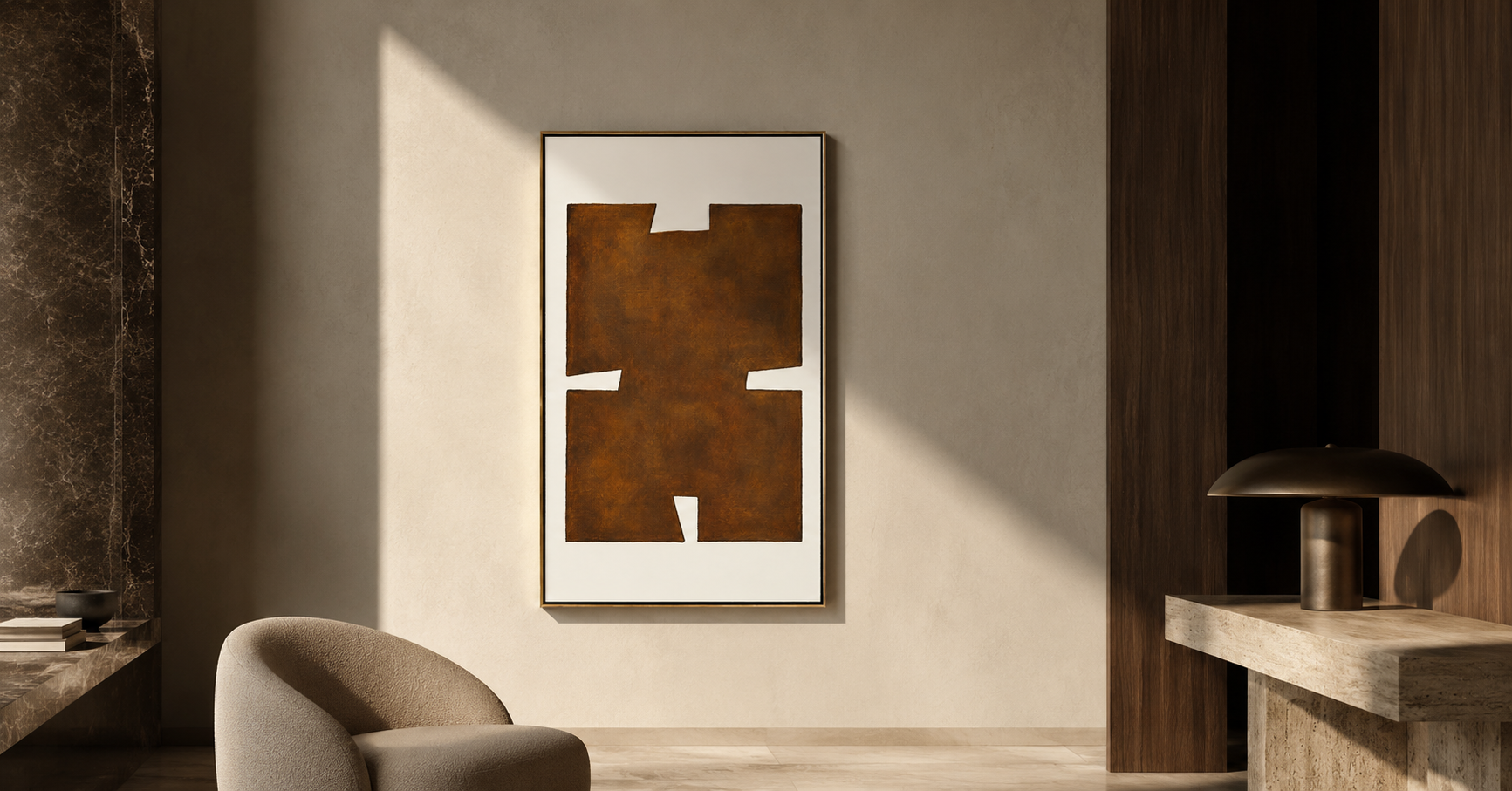 "Earthen Glyph" - Brown Minimalist Geometric Texture Art | Vertical Wabi-Sabi Wall Art