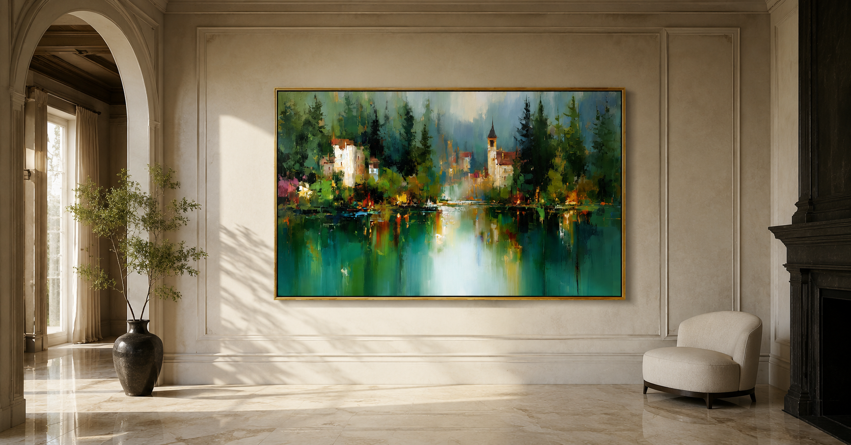 "Forest Reflection" - Green Lake Village Impasto Landscape | Blue & Emerald Horizontal Wall Art