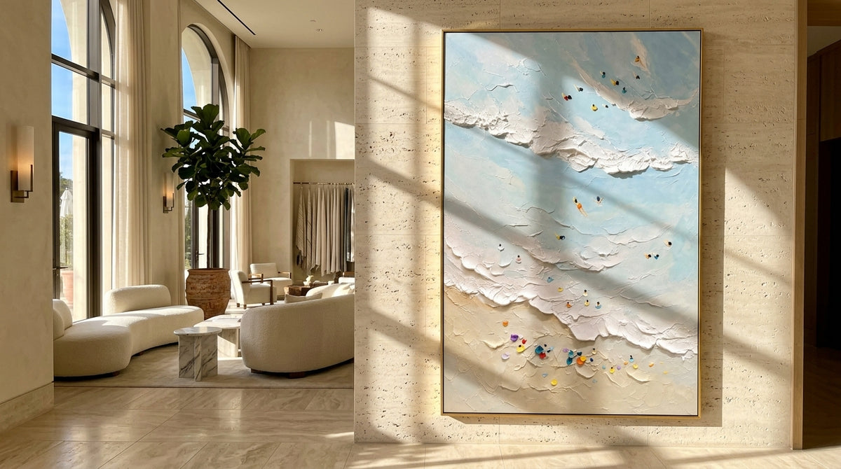 "Tidal Texture" - Textured Beach and Wave Relief | Blue White Beige Vertical Coastal Wall Art