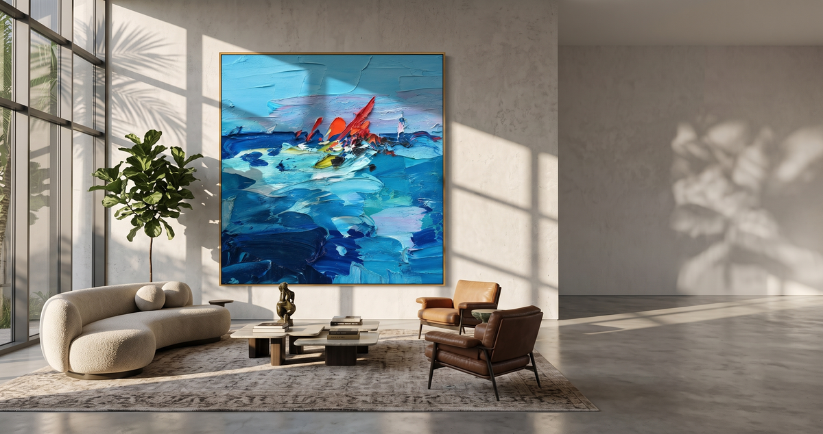 "Blue Current" - Colorful Impasto Ocean Painting | Blue Red & Yellow Seascape Wall Art
