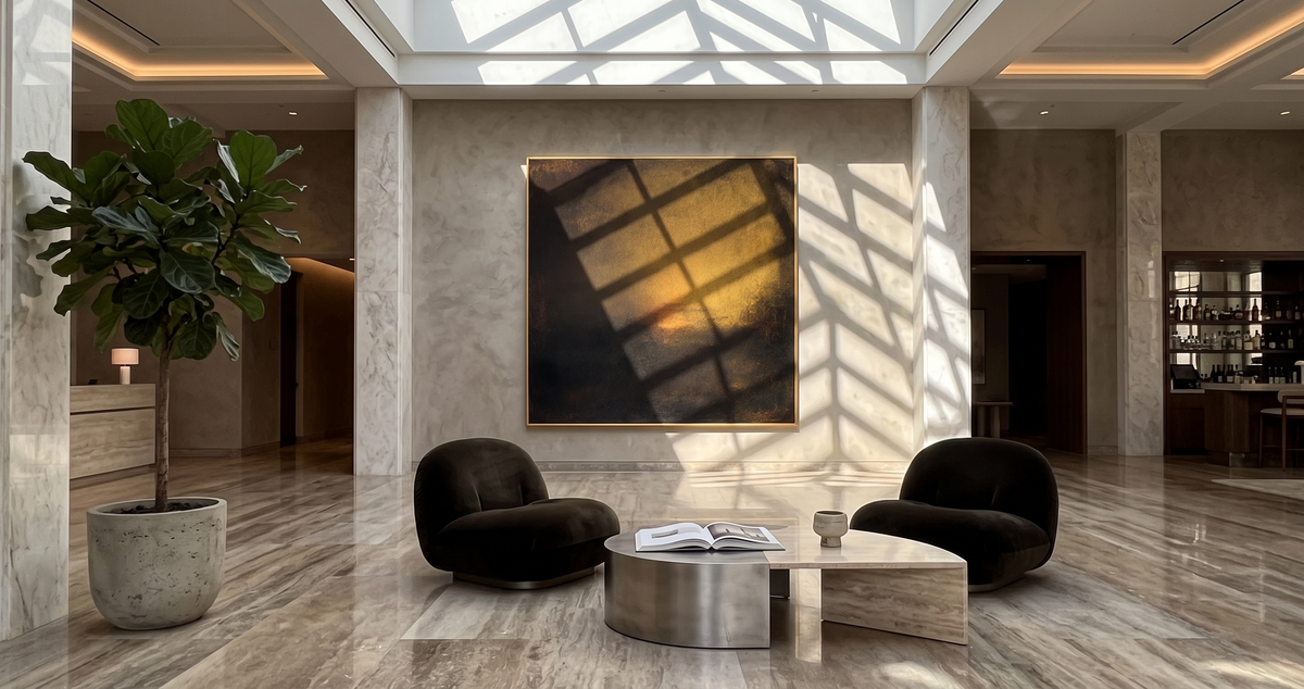 "Amber Nocturne" - Dark Abstract Glow Painting | Black Brown & Gold Square Wall Art