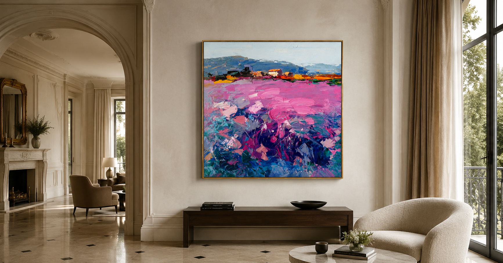 "Pink Terrain" - Colorful Impasto Landscape Painting | Blue Pink & Green Square Wall Art