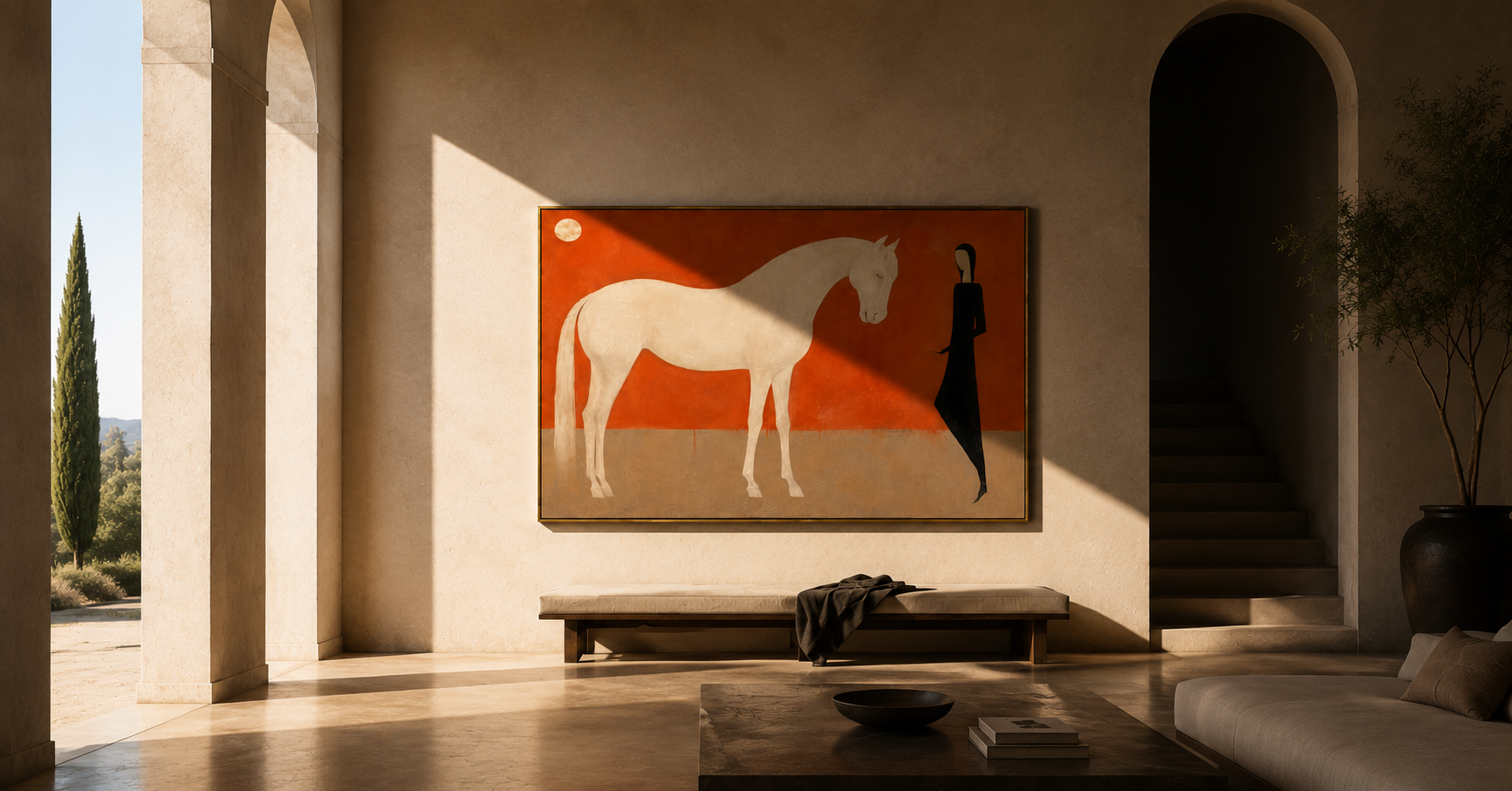 "Moonlit Keeper" - White Horse & Figure Painting | Terracotta Minimalist Figurative Wall Art