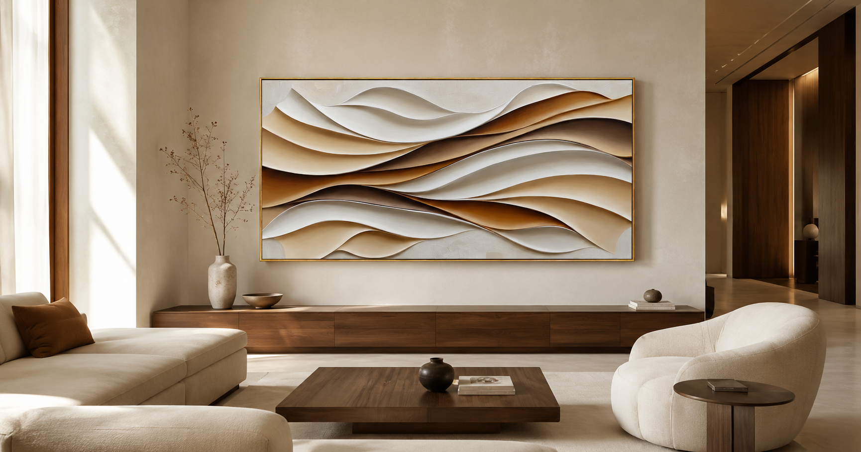 "Folded Dunes" - 3D White Beige & Brown Wave Relief | Horizontal Wabi-Sabi Textured Wall Art