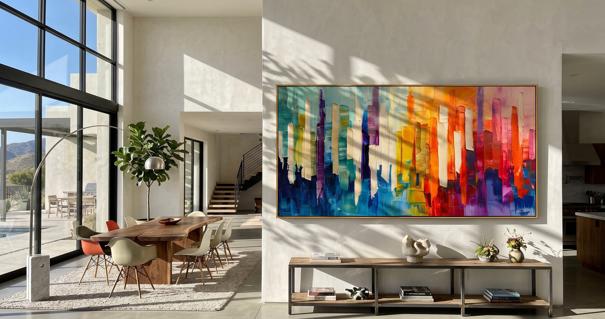"Chromatic Skyline" - Colorful Abstract Cityscape Painting | Rainbow Vertical Forms Wall Art