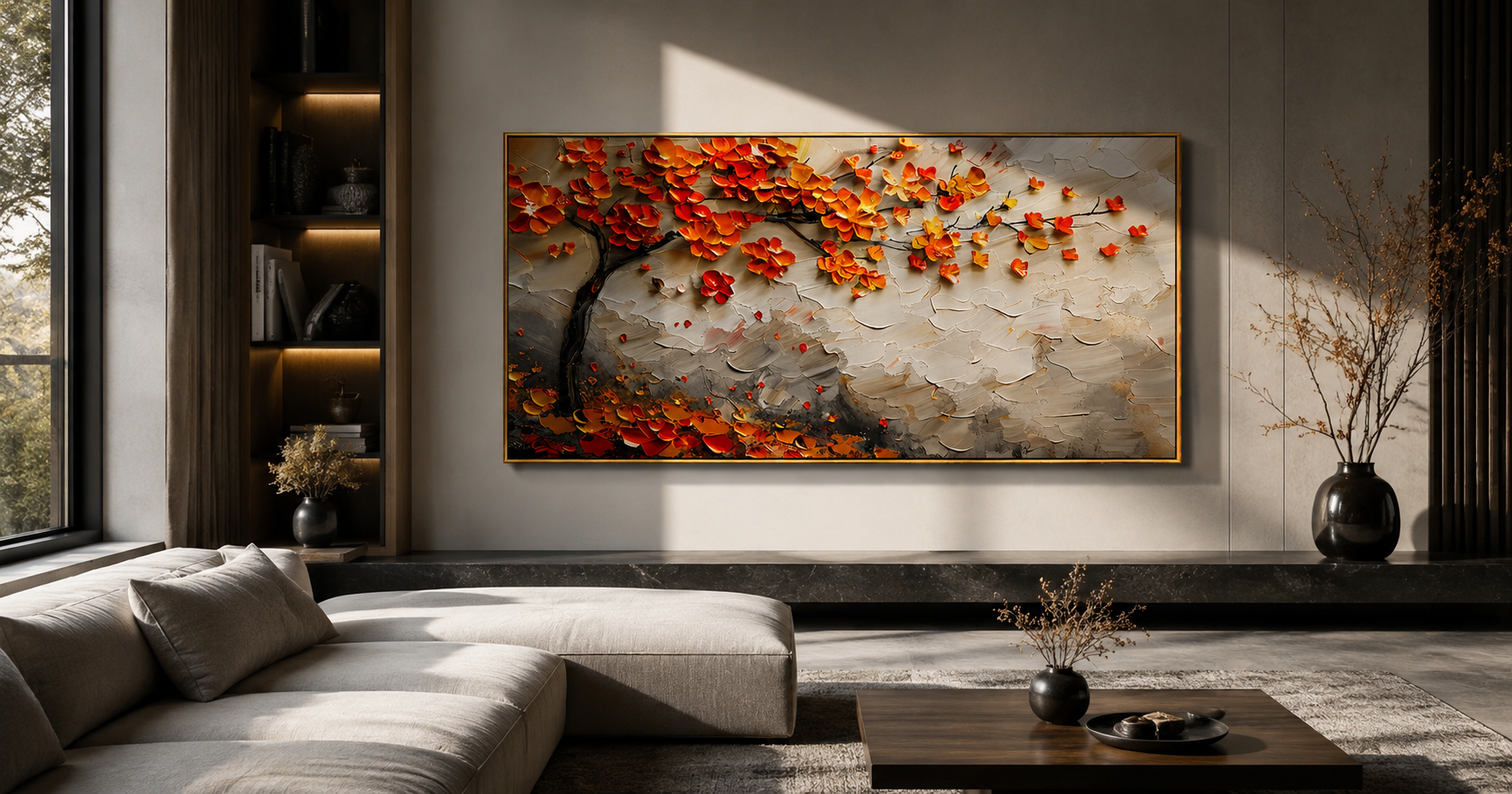 "Autumn Canopy" - Orange Blossom Tree Impasto Painting | White Grey & Gold Horizontal Wall Art