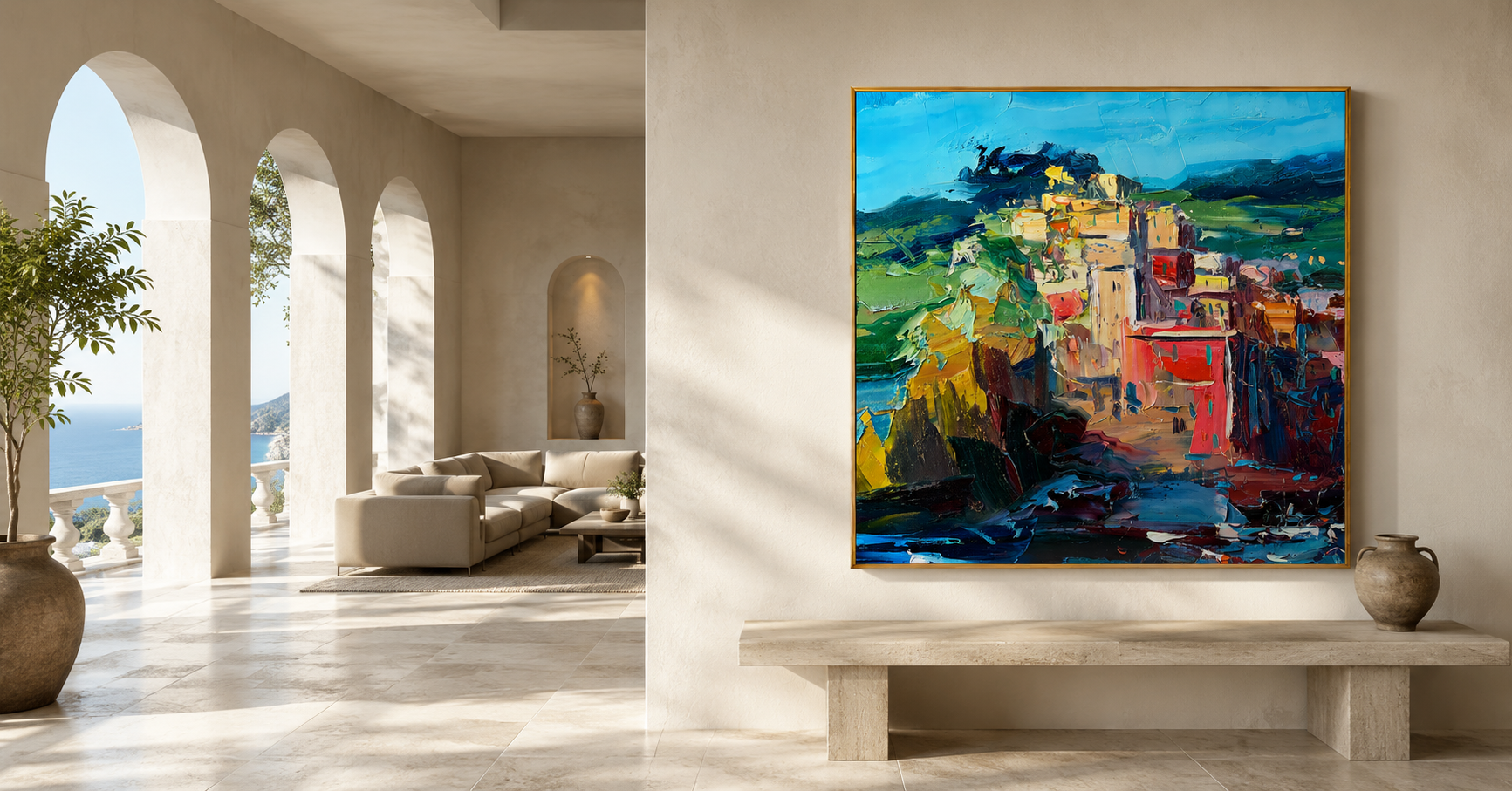 "Coastal Blocks" - Colorful Impasto Village Landscape | Blue Green & Coral Square Wall Art