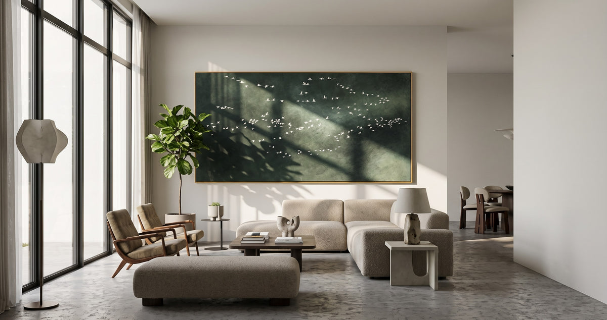 "Distant Flock" - Minimalist Bird Landscape Painting | Dark Green Horizontal Wall Art