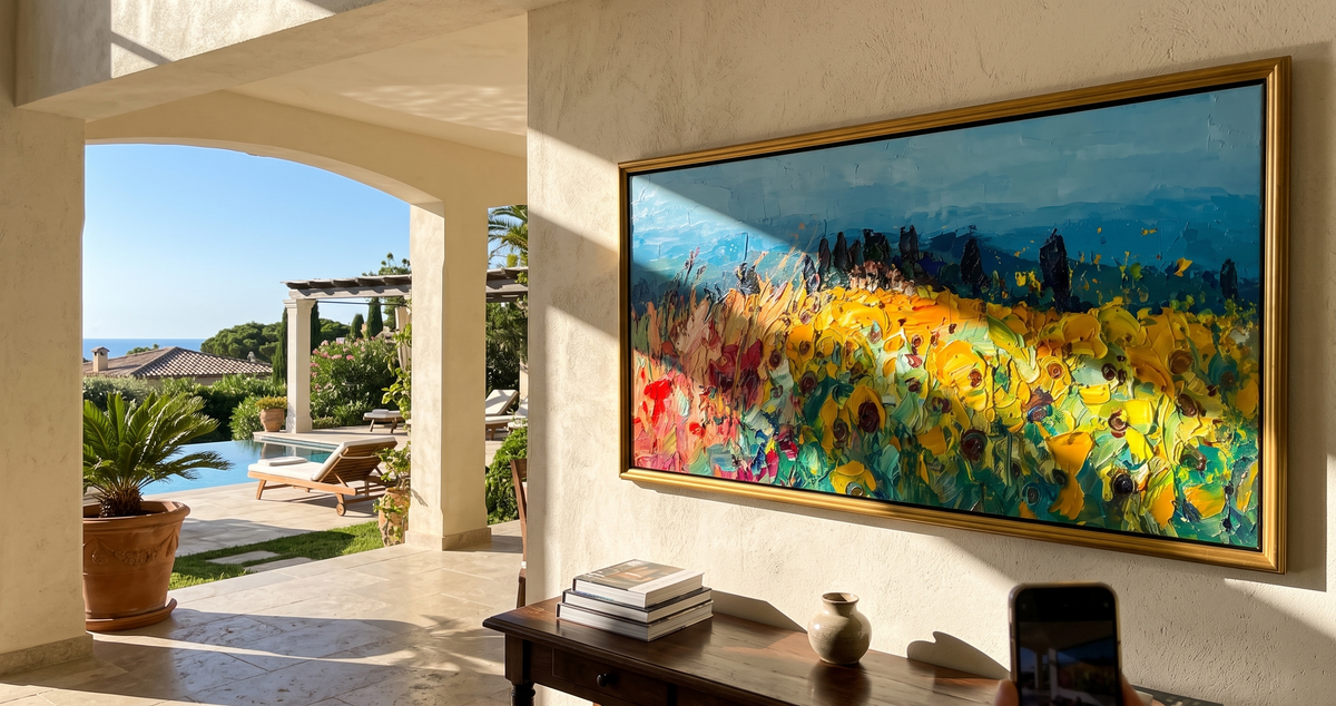 "Meadow Rhapsody" - Colorful Impasto Flower Field Landscape | Blue Sky & Yellow Bloom Wall Art