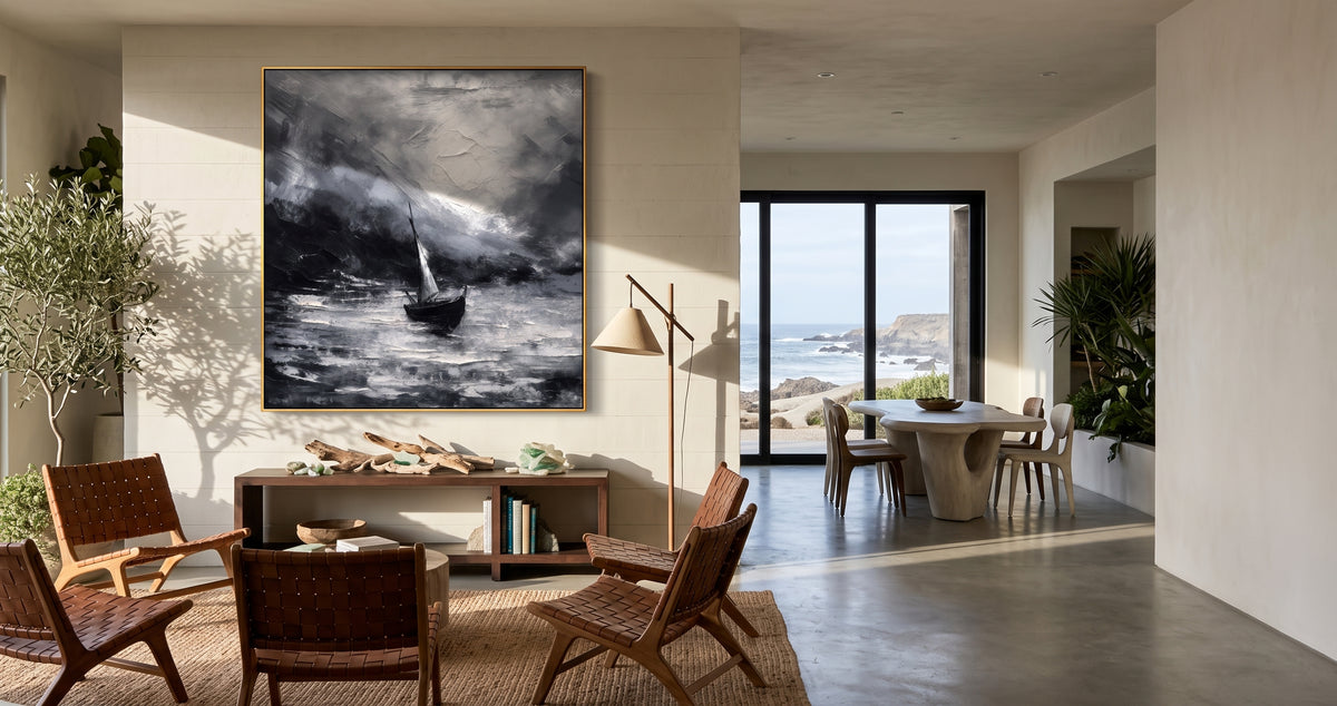 "Moonlit Passage" - Black White Sailboat Seascape | Black Grey White Vertical Coastal Wall Art
