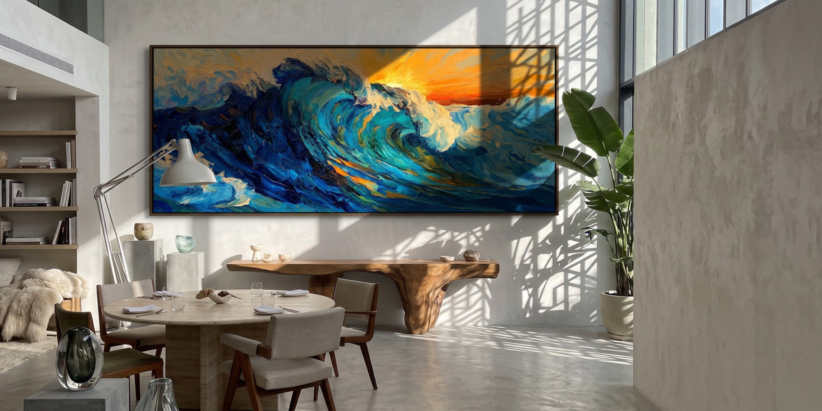 "Breakwater" - Blue Ocean Wave Impasto Painting | Blue Green White Horizontal Ocean Wall Art