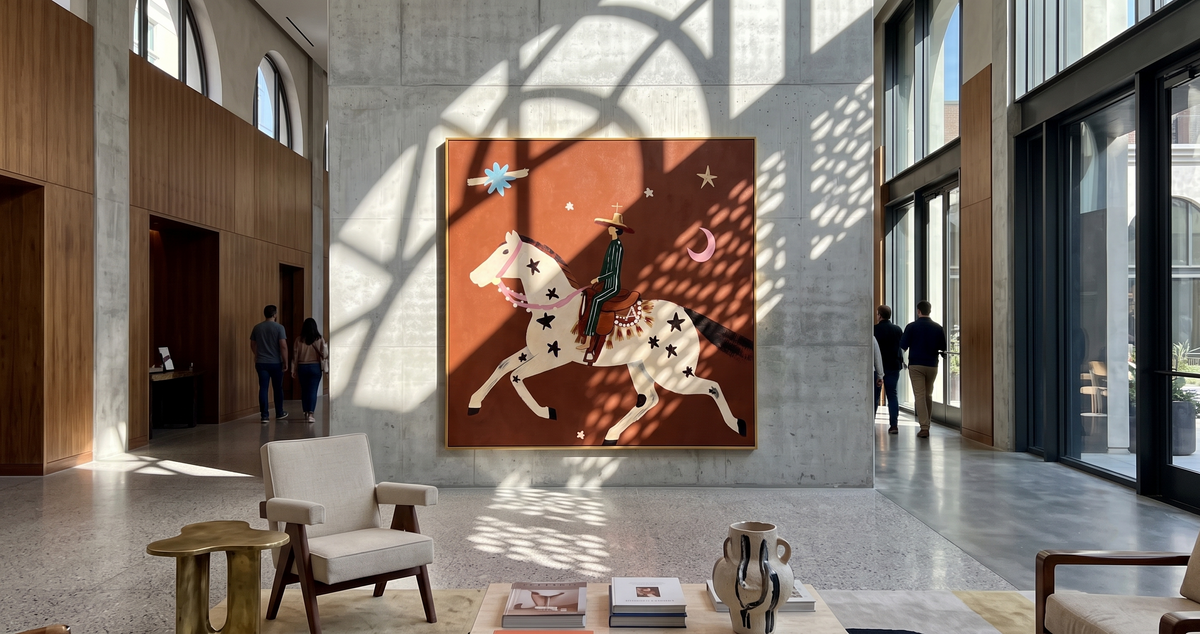 "Moonlit Rider" - Whimsical Horse & Cowboy Painting | Rust Red Western Animal Wall Art