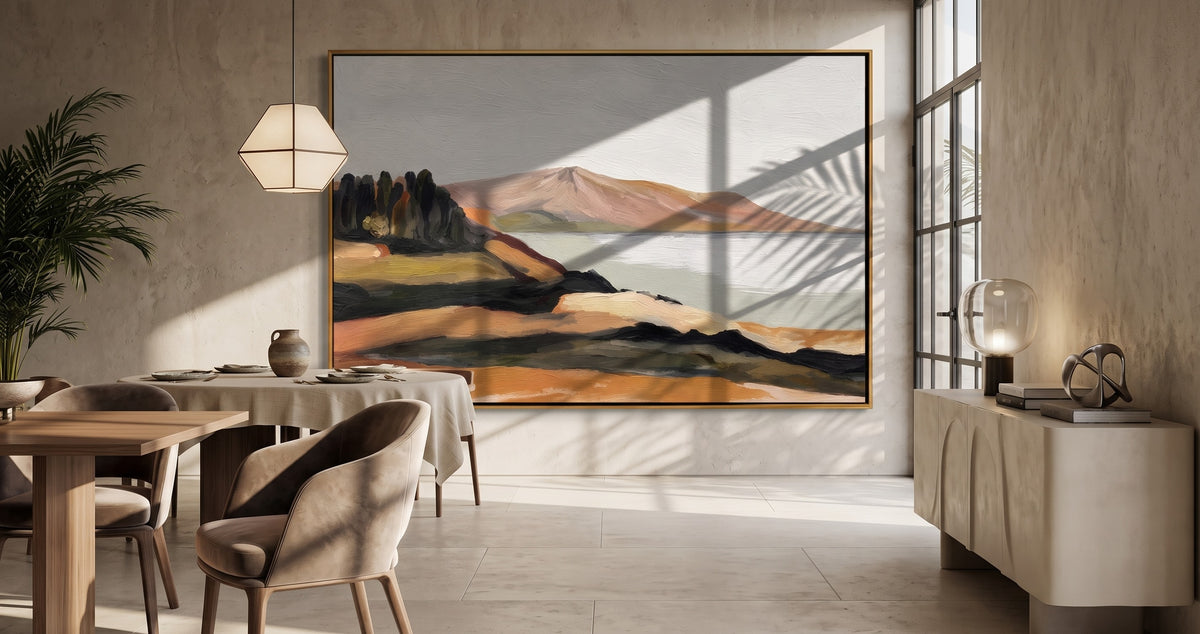 "Quiet Shoreline" - Minimalist Coastal Landscape Painting | Beige Blue & Brown Wall Art