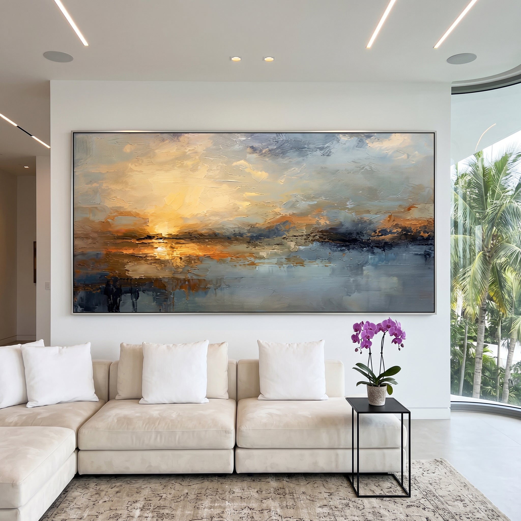 "Serene Horizon" – Abstract Impressionist Golden Seascape Canvas | Minimalist Bedroom Wall Art