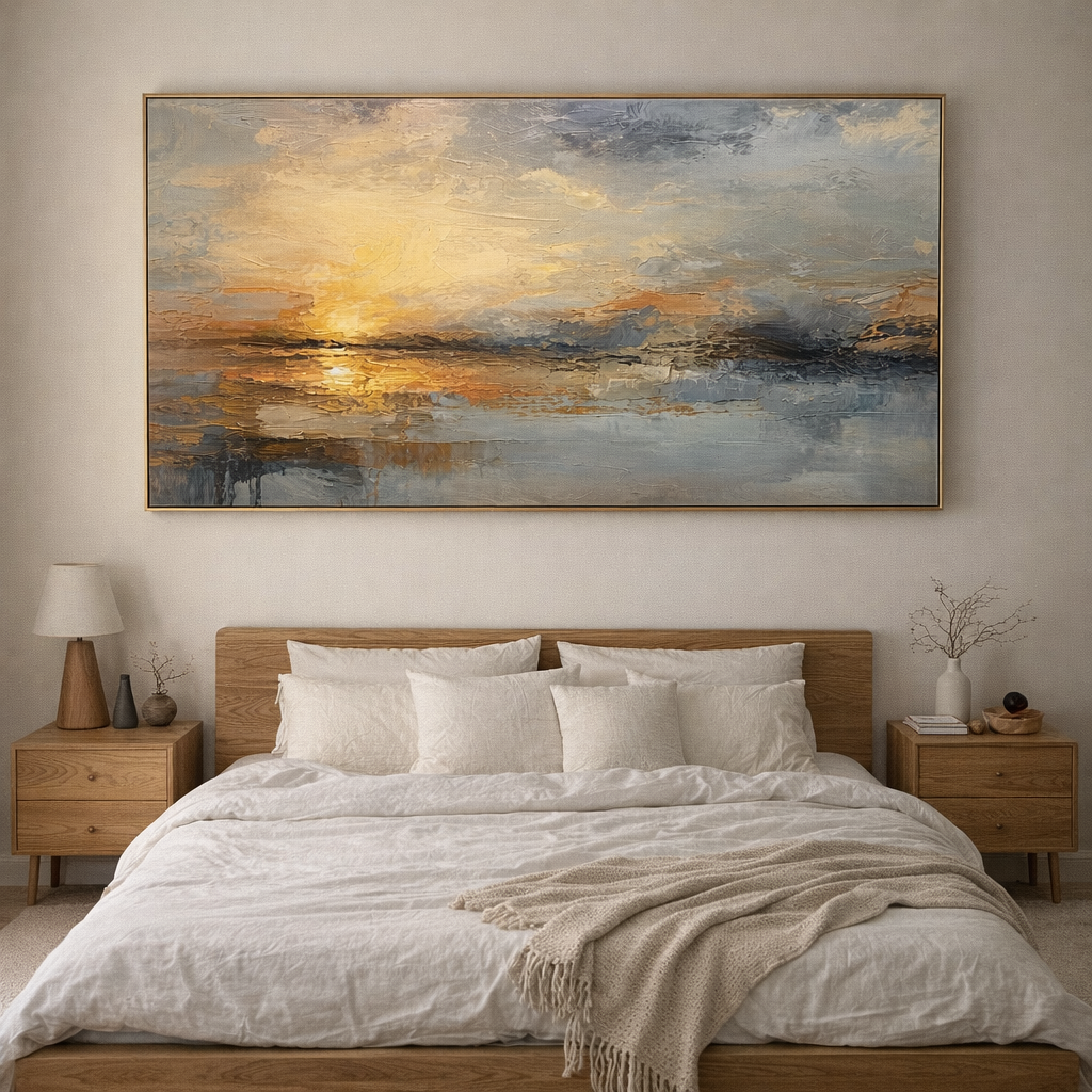 "Serene Horizon" – Abstract Impressionist Golden Seascape Canvas | Minimalist Bedroom Wall Art