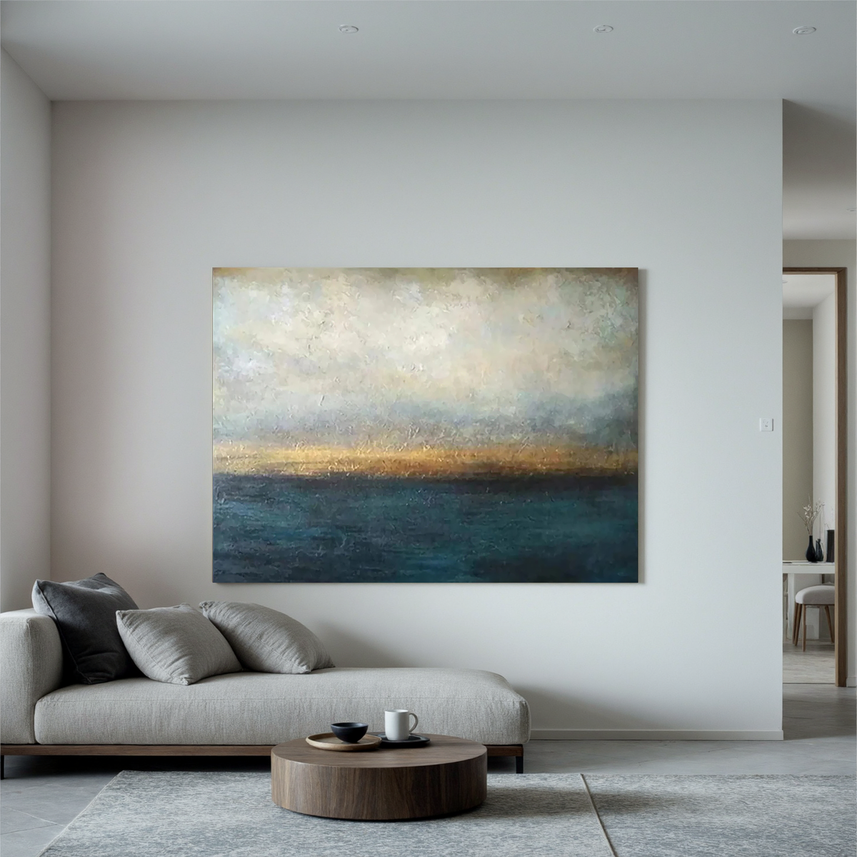 "Ember Tide" - Atmospheric Impasto Seascape | Deep Teal & Amber Moody Coastal Statement Art