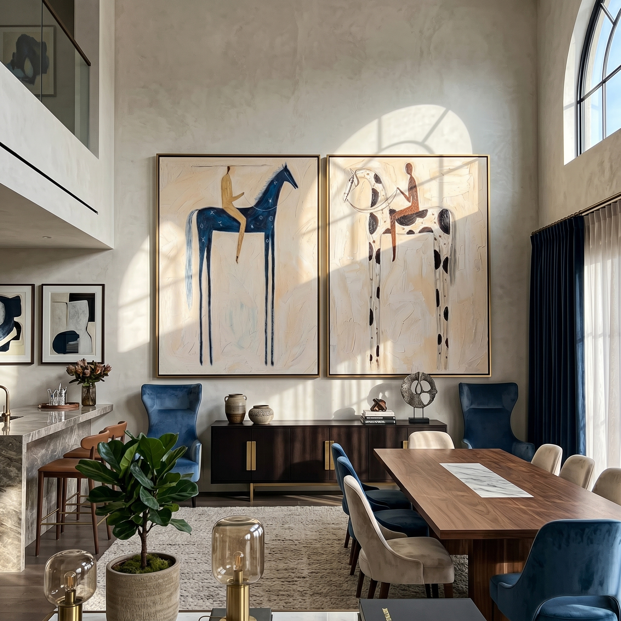 "Riders in a Pale Dream" — 3D Textured Abstract Horse & Rider Wall Art Set | Ivory Framed Diptych#VA605