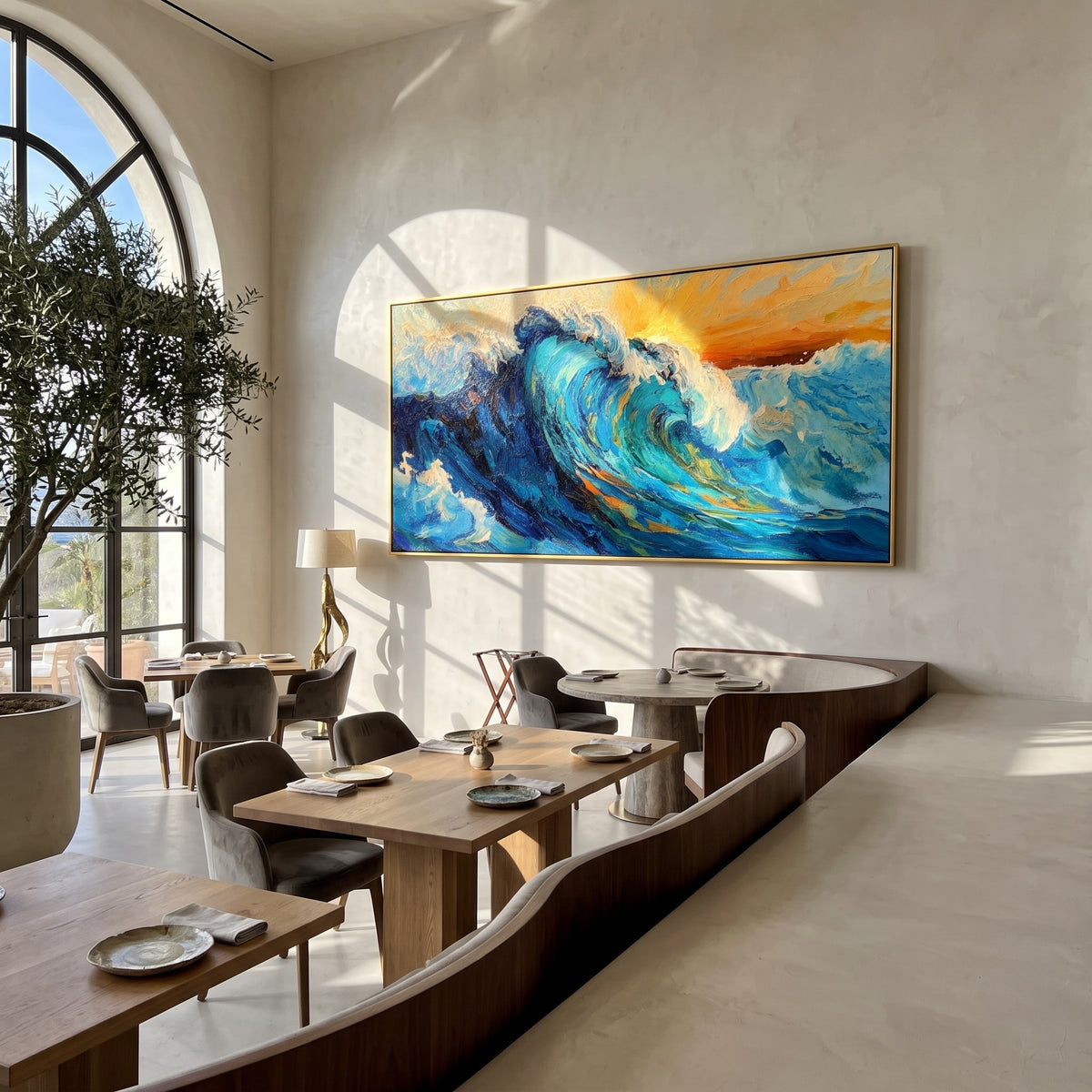 "Breakwater" - Blue Ocean Wave Impasto Painting | Blue Green White Horizontal Ocean Wall Art