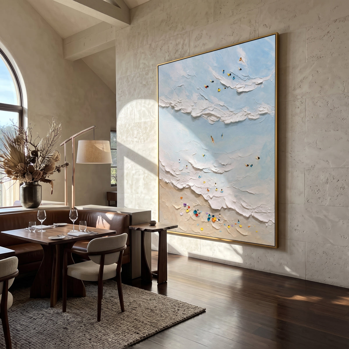 "Tidal Texture" - Textured Beach and Wave Relief | Blue White Beige Vertical Coastal Wall Art