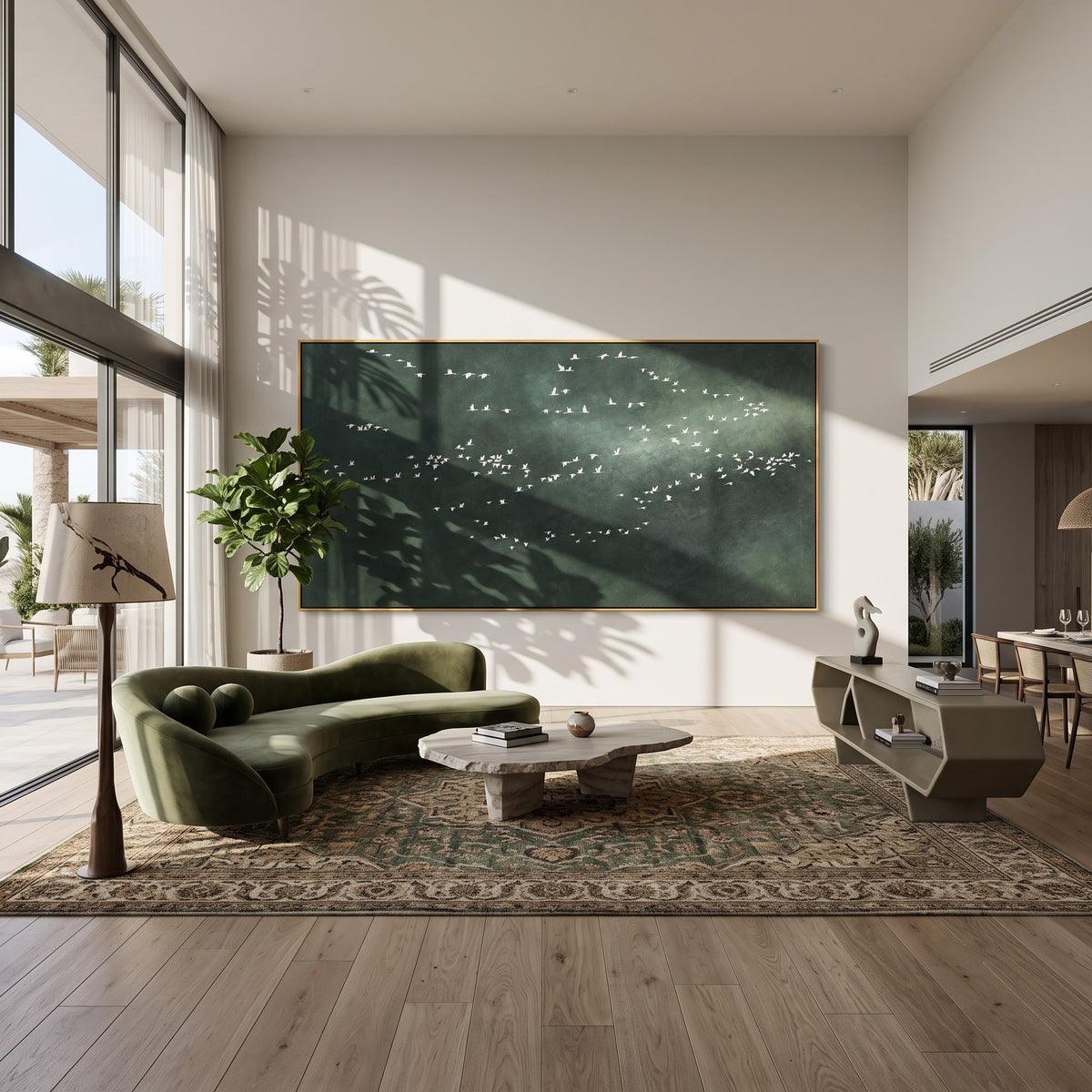 "Distant Flock" - Minimalist Bird Landscape Painting | Dark Green Horizontal Wall Art