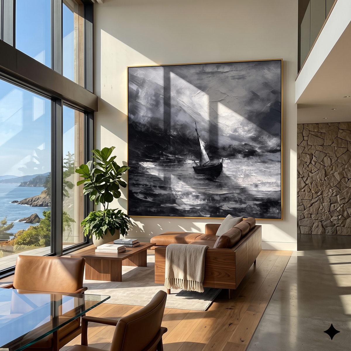 "Moonlit Passage" - Black White Sailboat Seascape | Black Grey White Vertical Coastal Wall Art
