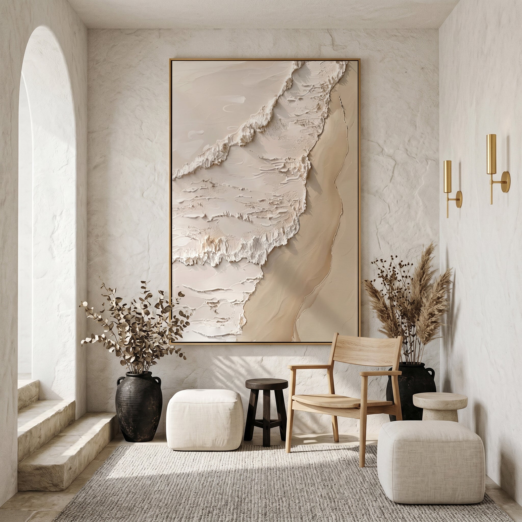 "Coastal Whisper" – Minimalist 3D Textured Wave Canvas Art | Serene Bedroom Decor