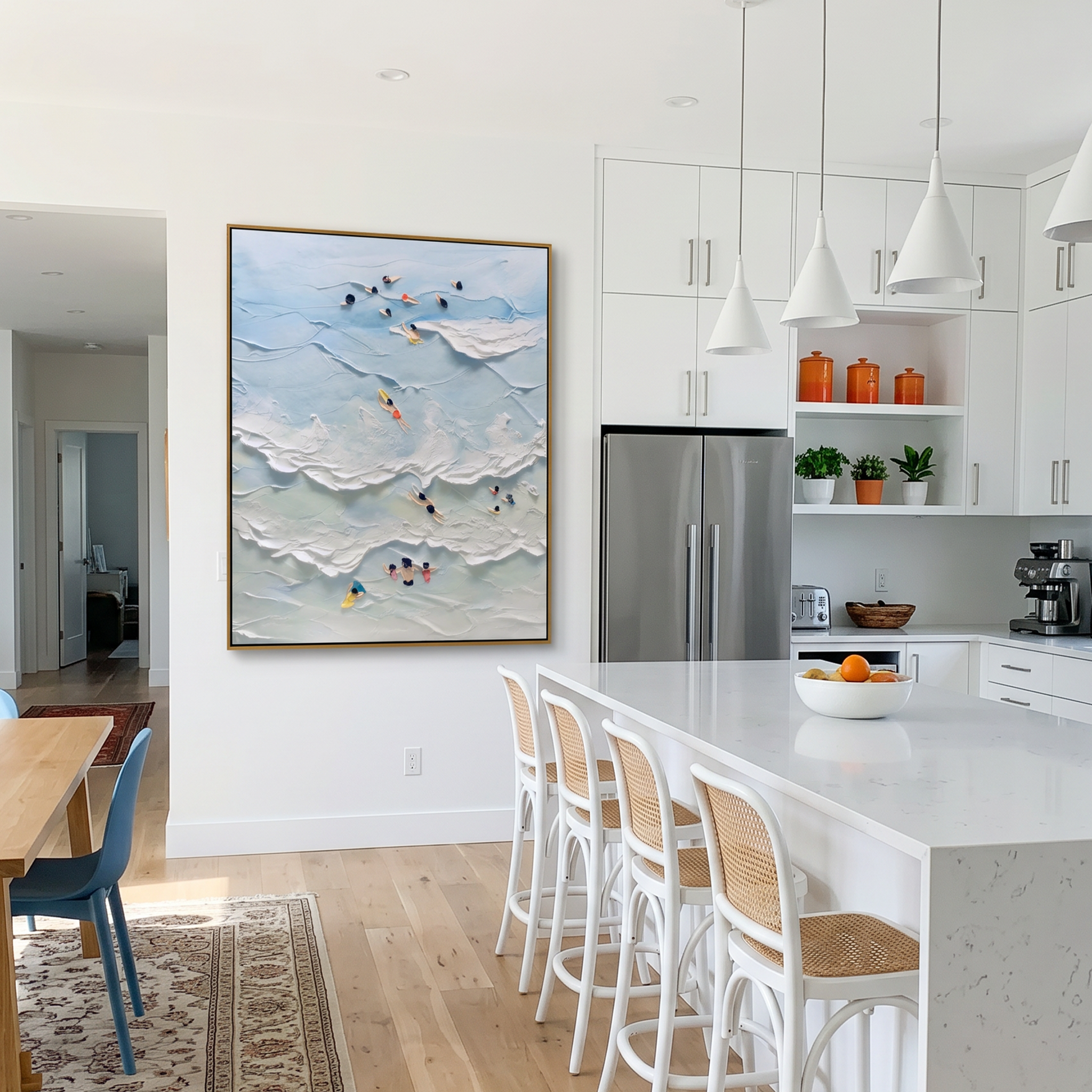 "Playful Tides" – Whimsical 3D Aerial Beach Impasto Canvas Art | Bright Coastal Living Room Decor