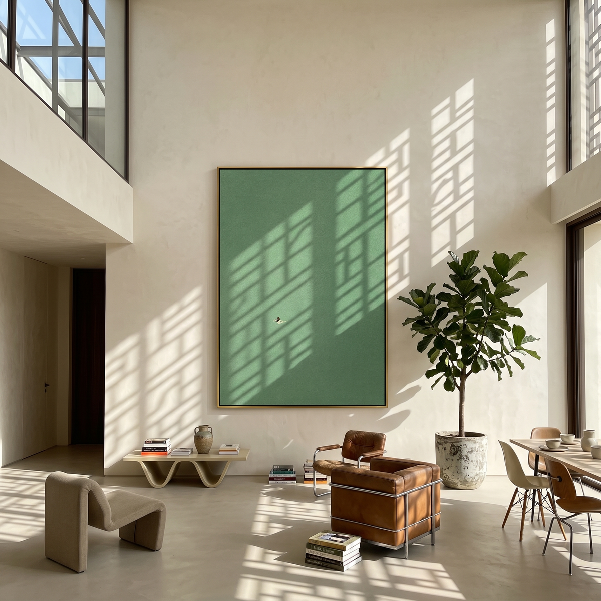 "Small Arrival" - Minimalist Bird Painting | Soft Green Vertical Contemporary Wall Art