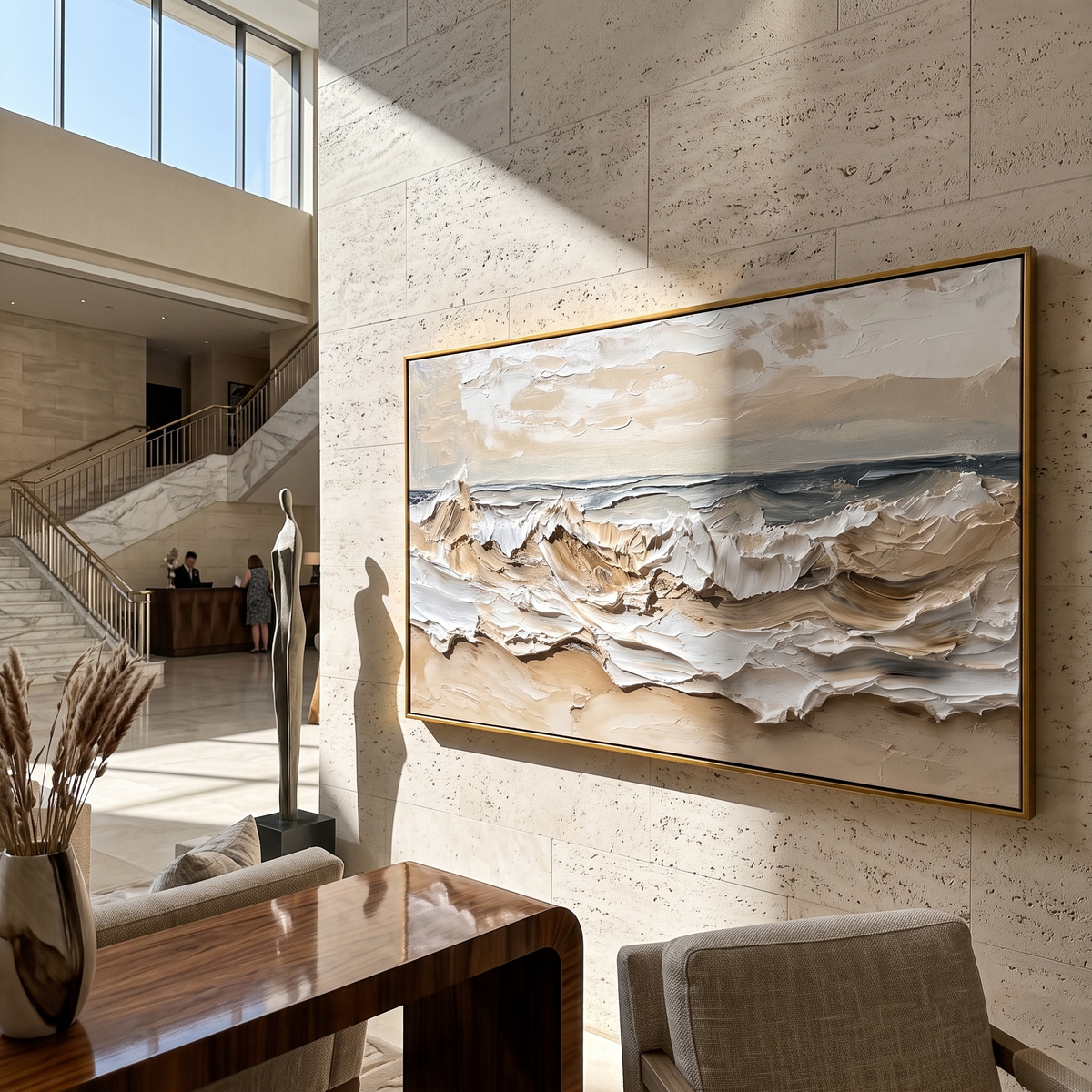 "Tide Relief" - 3D Wabi-Sabi Ocean Wave Plaster Art | Beige White & Blue Textured Seascape