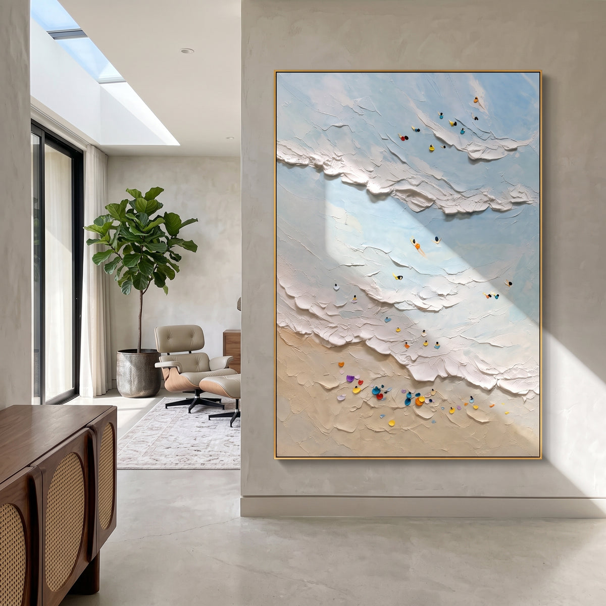 "Tidal Texture" - Textured Beach and Wave Relief | Blue White Beige Vertical Coastal Wall Art
