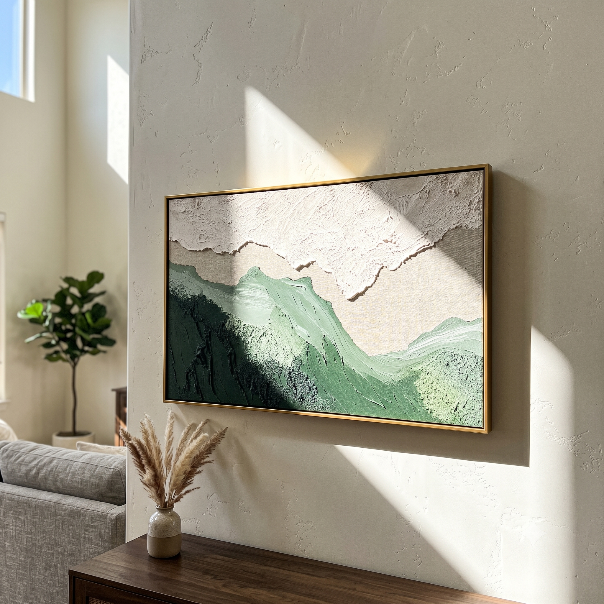 "Sage Ridge" - 3D Wabi-Sabi Mountain Relief | Green Beige & White Textured Landscape Art