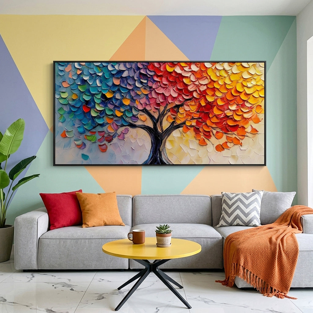 "Vibrant Awakening" – Rainbow Impasto Tree of Life Oil Painting | Modern Living Room Wall Art